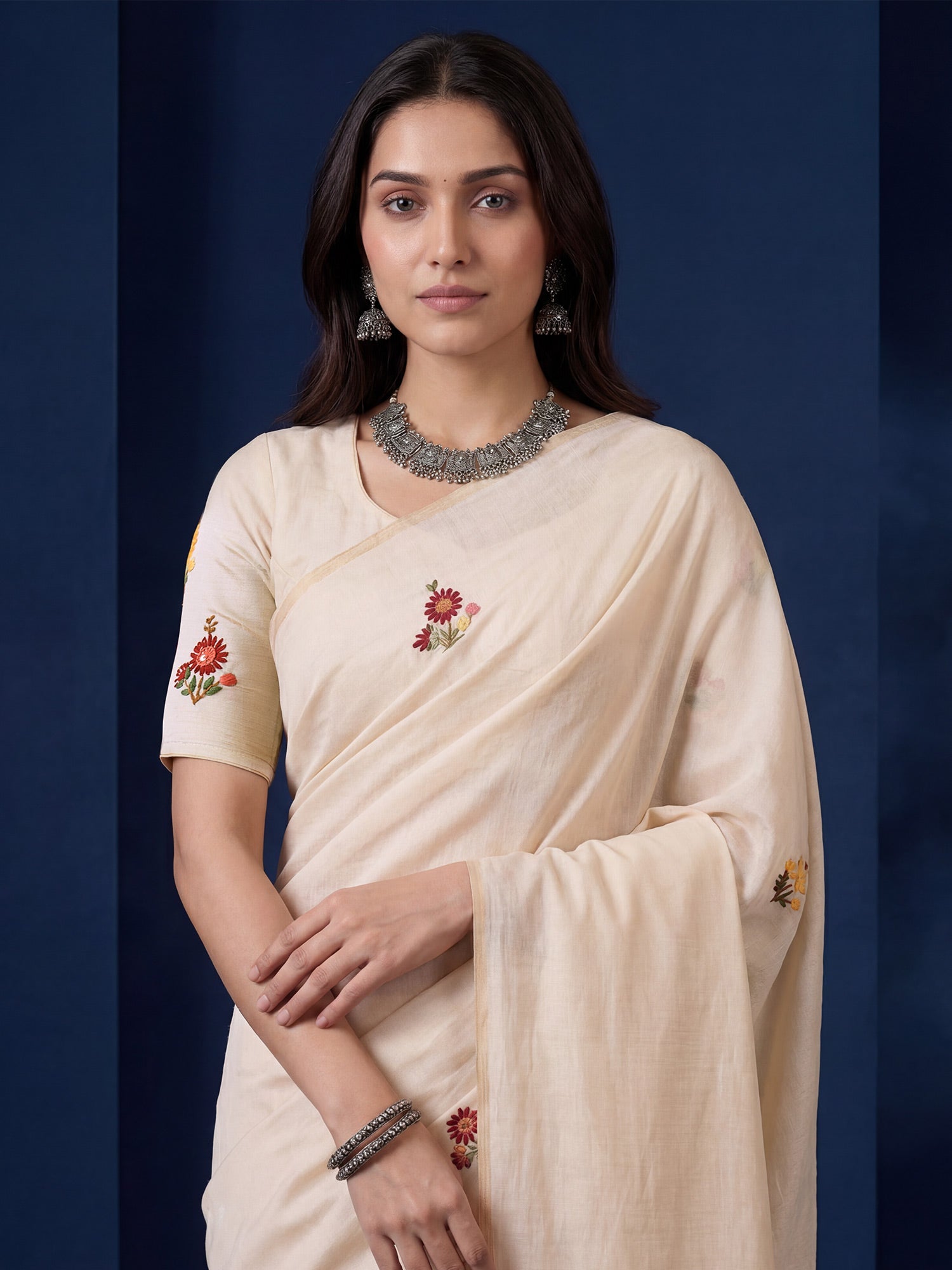 Ivory Handloom Tussar Silk Saree with Kashmiri Floral Embroidery - Ressa