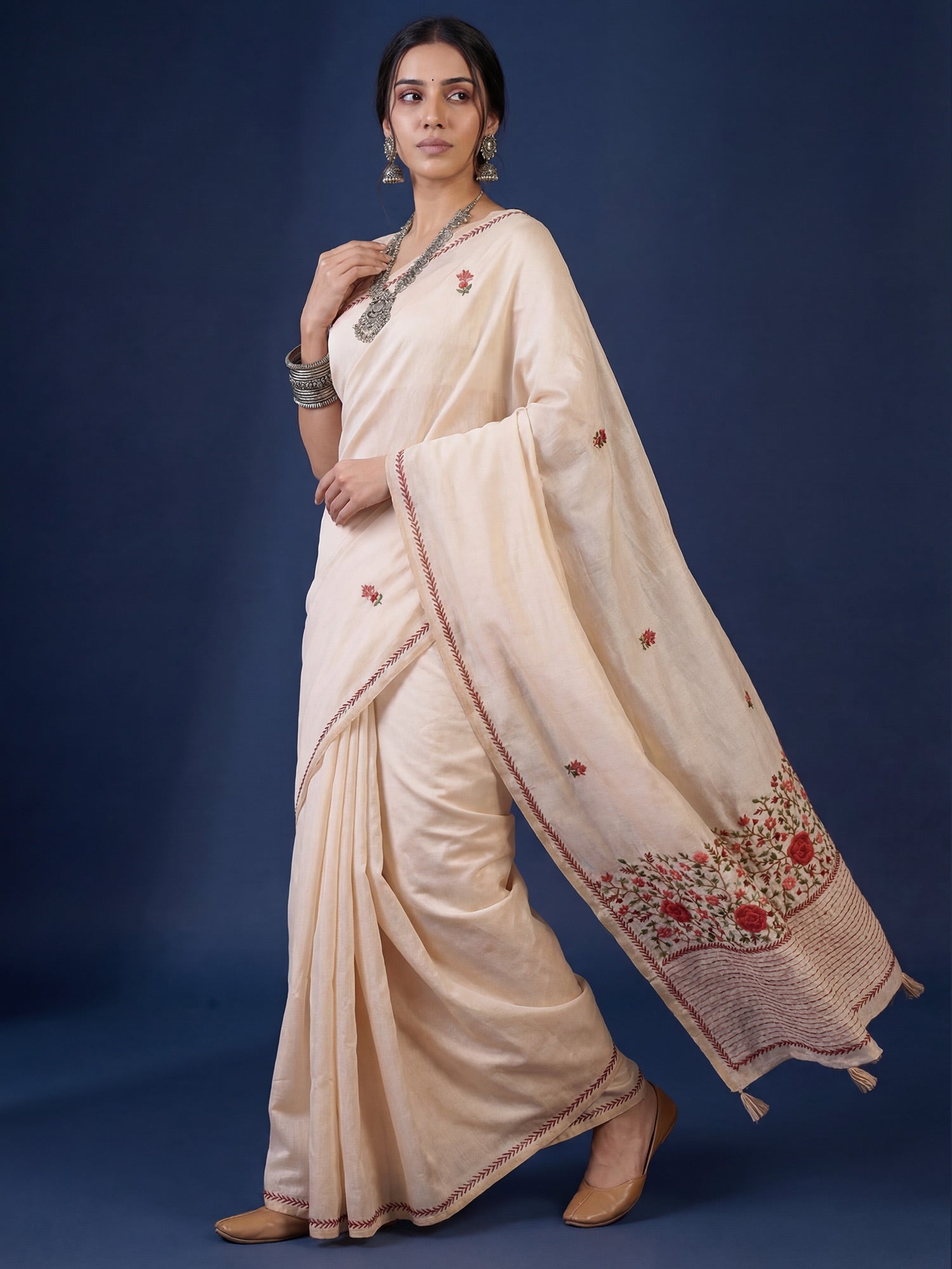 Ivory Handloom Tussar Silk Saree with Kashmiri Floral Embroidery - Ressa