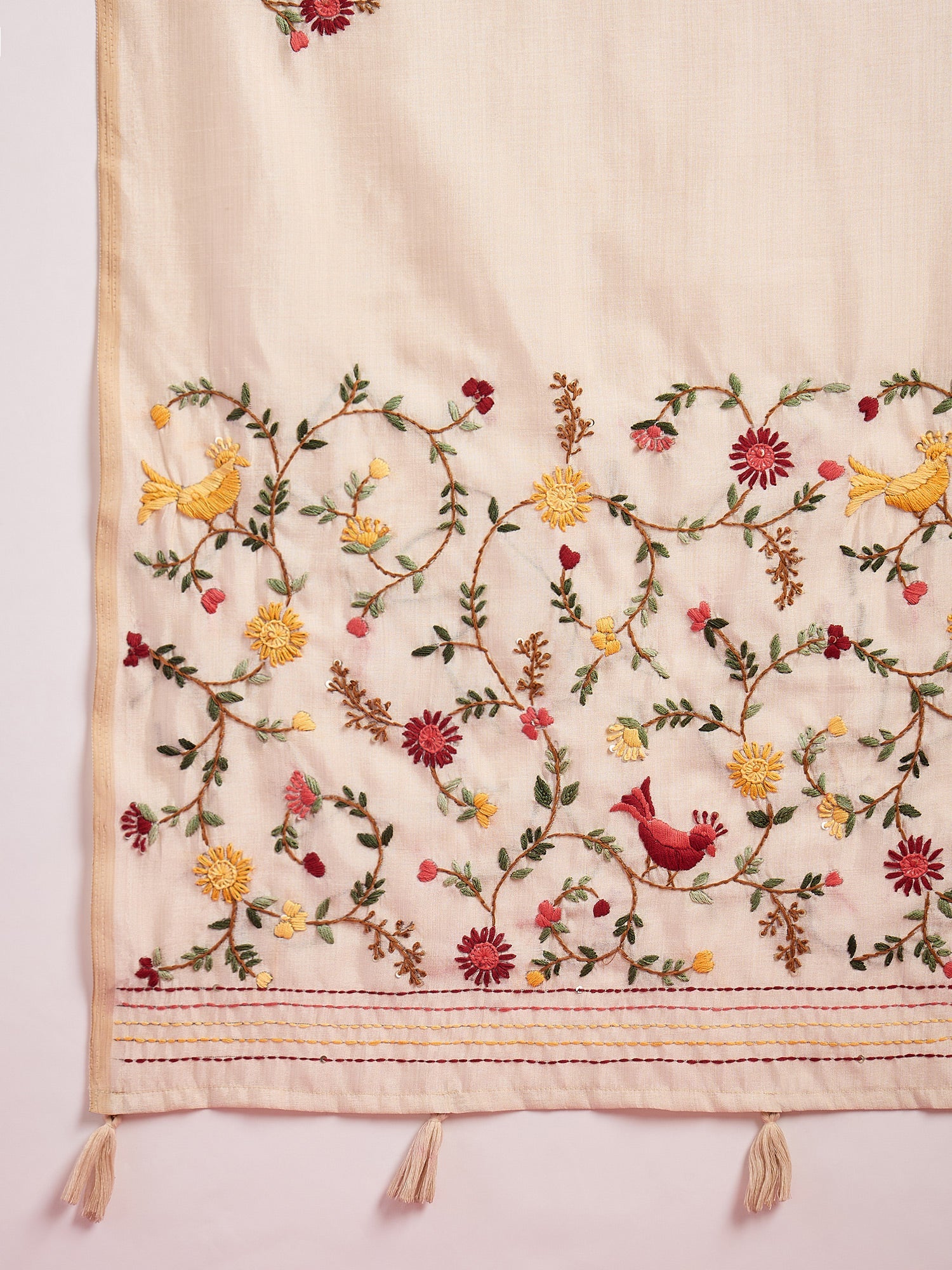 Ivory Handloom Tussar Silk Saree with Kashmiri Floral Embroidery - Ressa