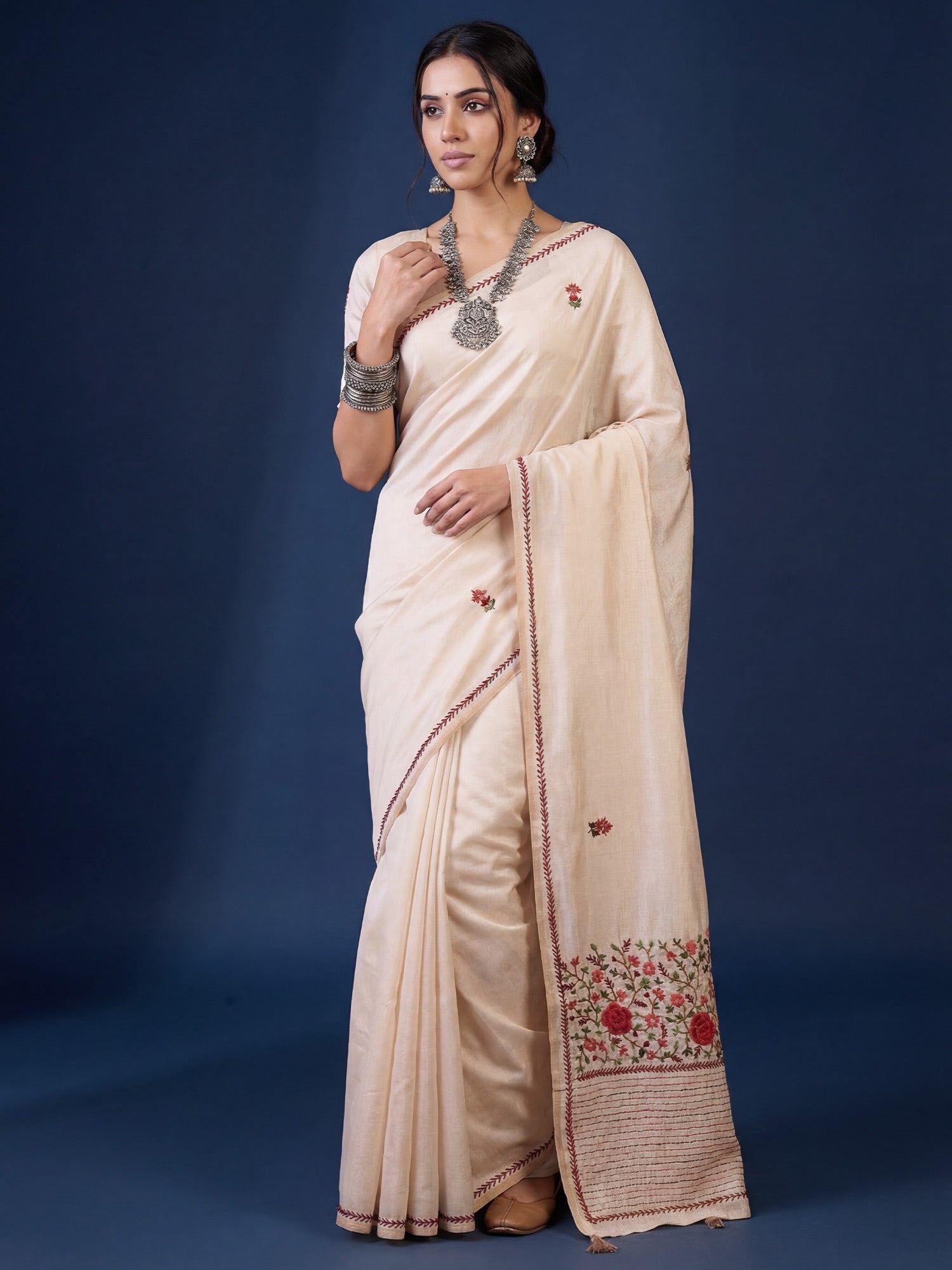 Ivory Handloom Tussar Silk Saree with Kashmiri Floral Embroidery - Ressa