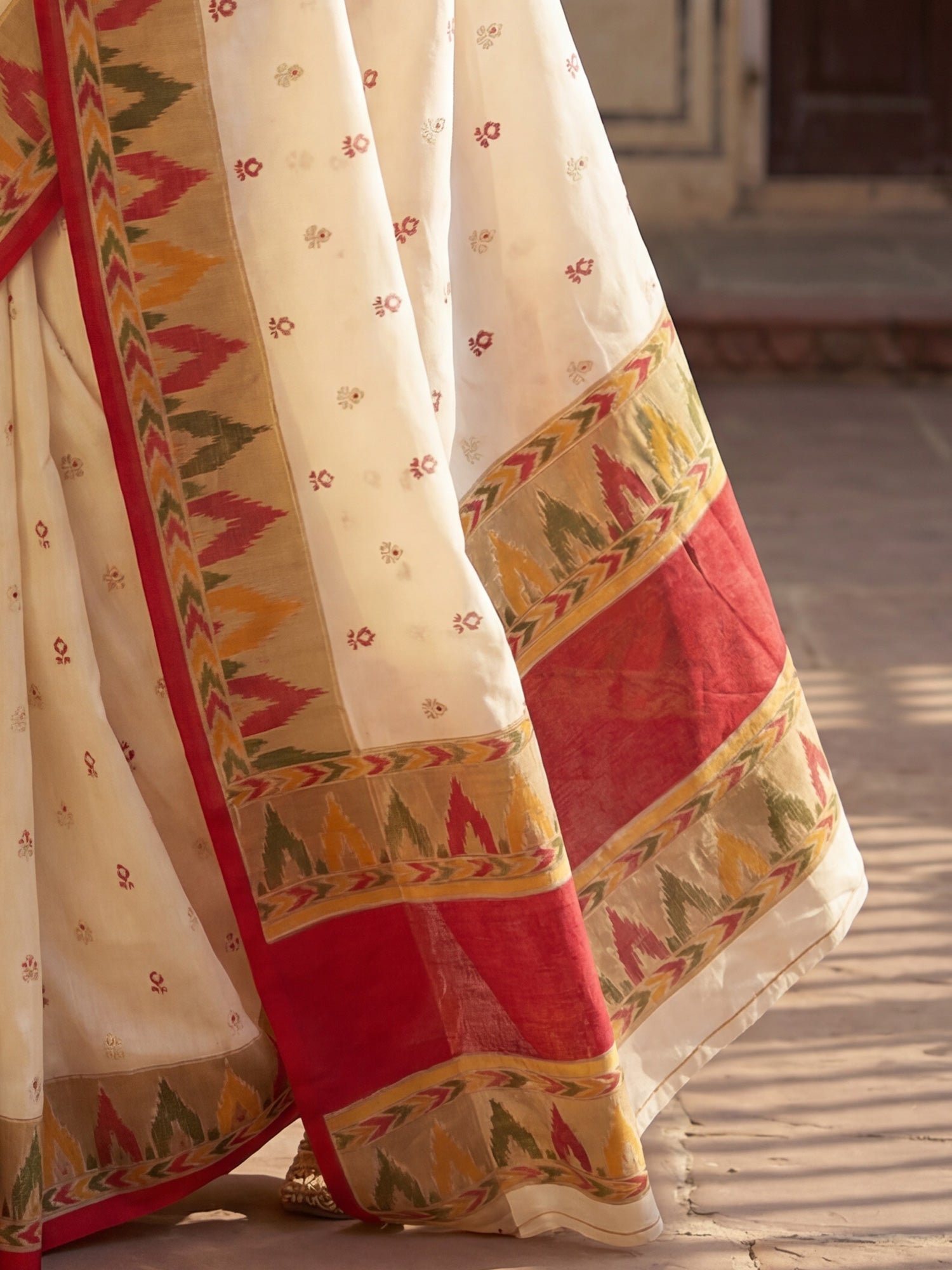Ivory Ikat Silk Saree with Multicolour Border - Ressa
