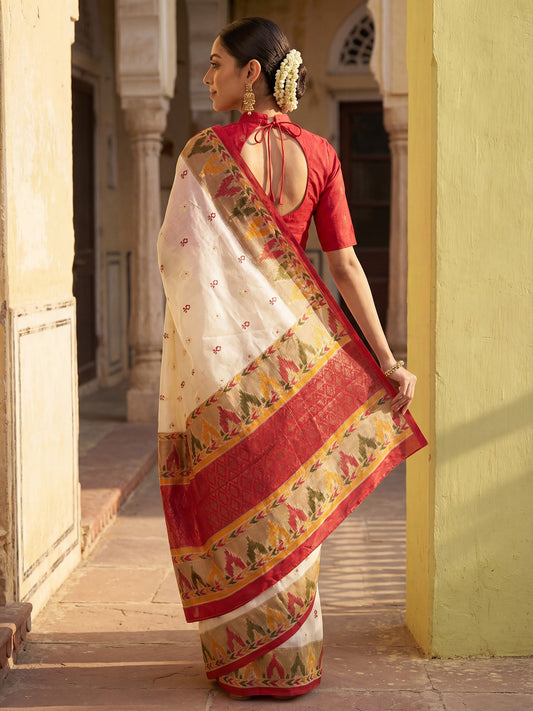 Ivory Ikat Silk Saree with Multicolour Border - Ressa