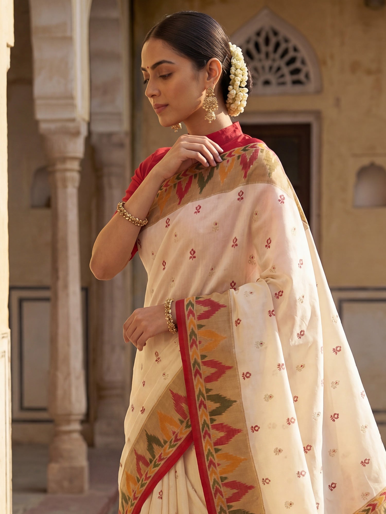 Ivory Ikat Silk Saree with Multicolour Border - Ressa
