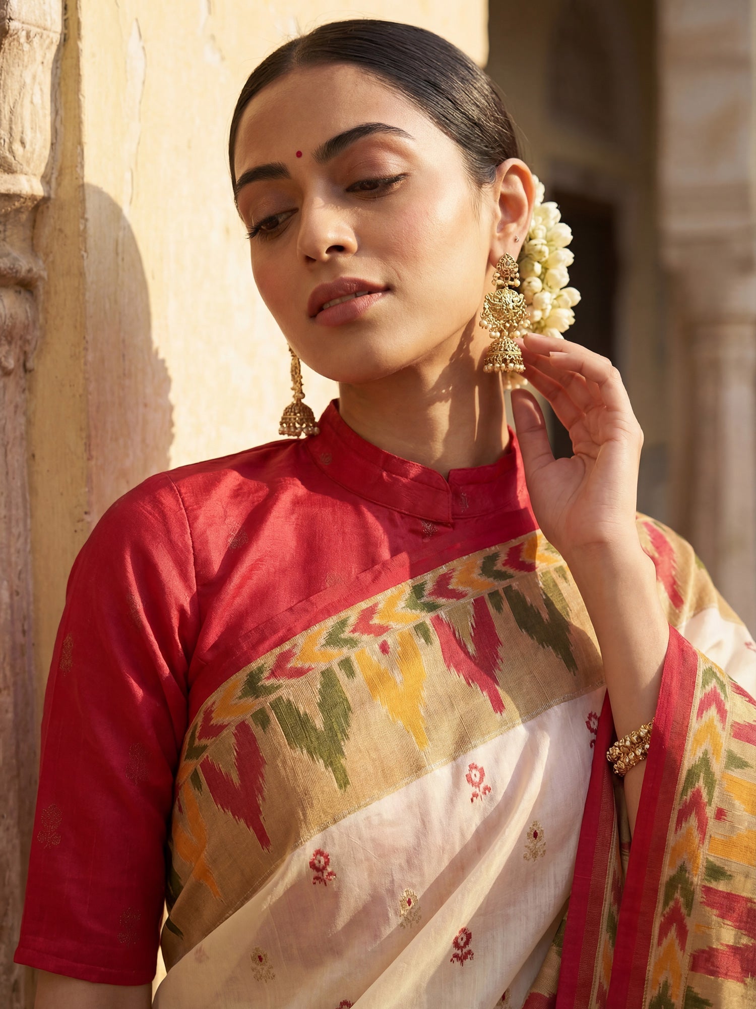 Ivory Ikat Silk Saree with Multicolour Border - Ressa