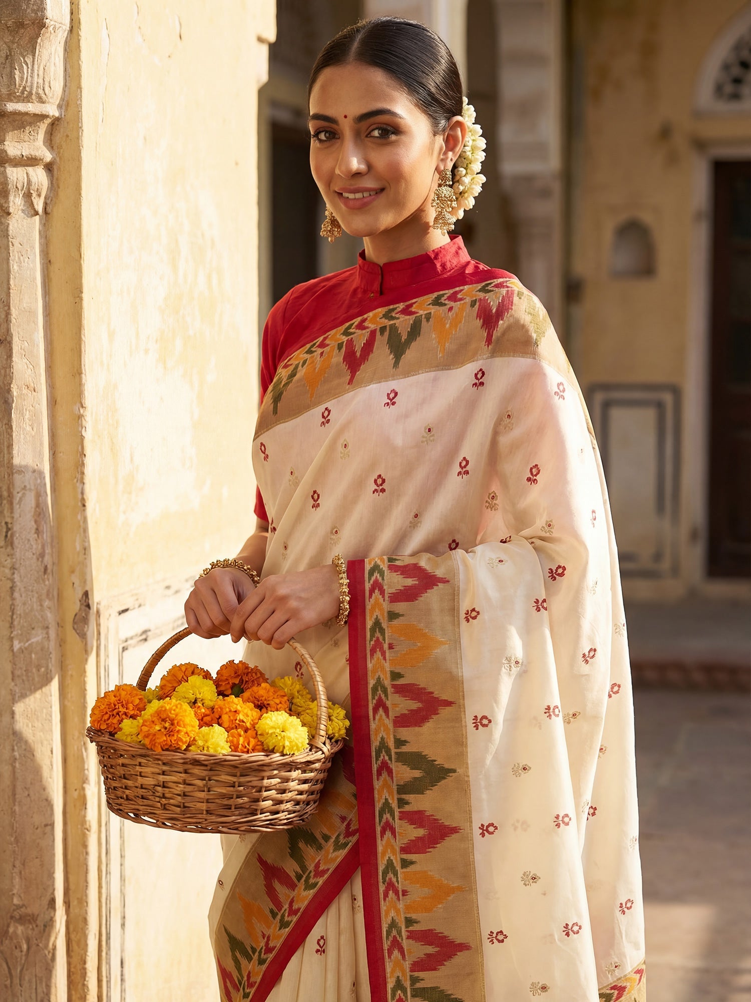 Ivory Ikat Silk Saree with Multicolour Border - Ressa