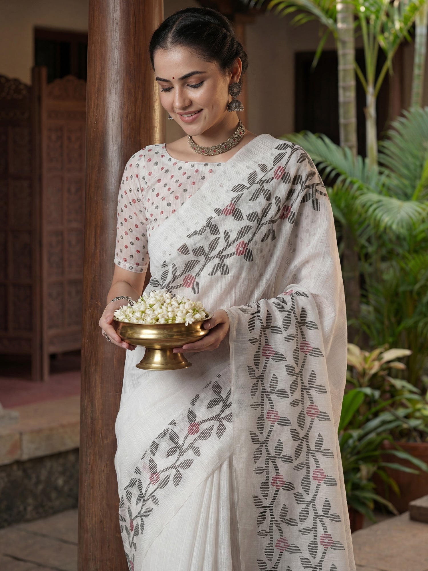Ivory Jamdani Linen Cotton Saree with Woven Olive & Pink Botanical Vine, Large Vine Pallu, Tassel Fringe & Buti Blouse - Ressa
