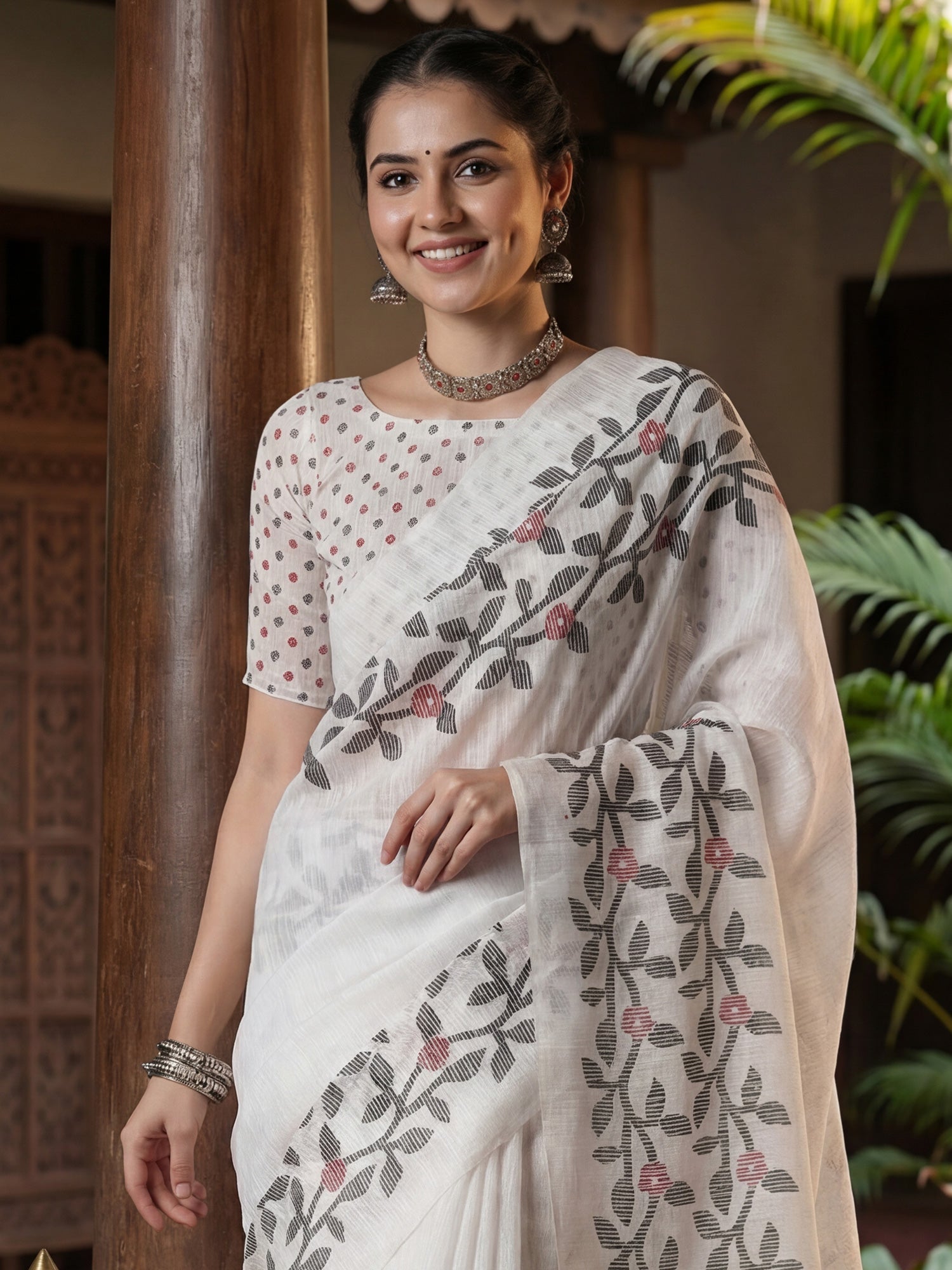 Ivory Jamdani Linen Cotton Saree with Woven Olive & Pink Botanical Vine, Large Vine Pallu, Tassel Fringe & Buti Blouse - Ressa