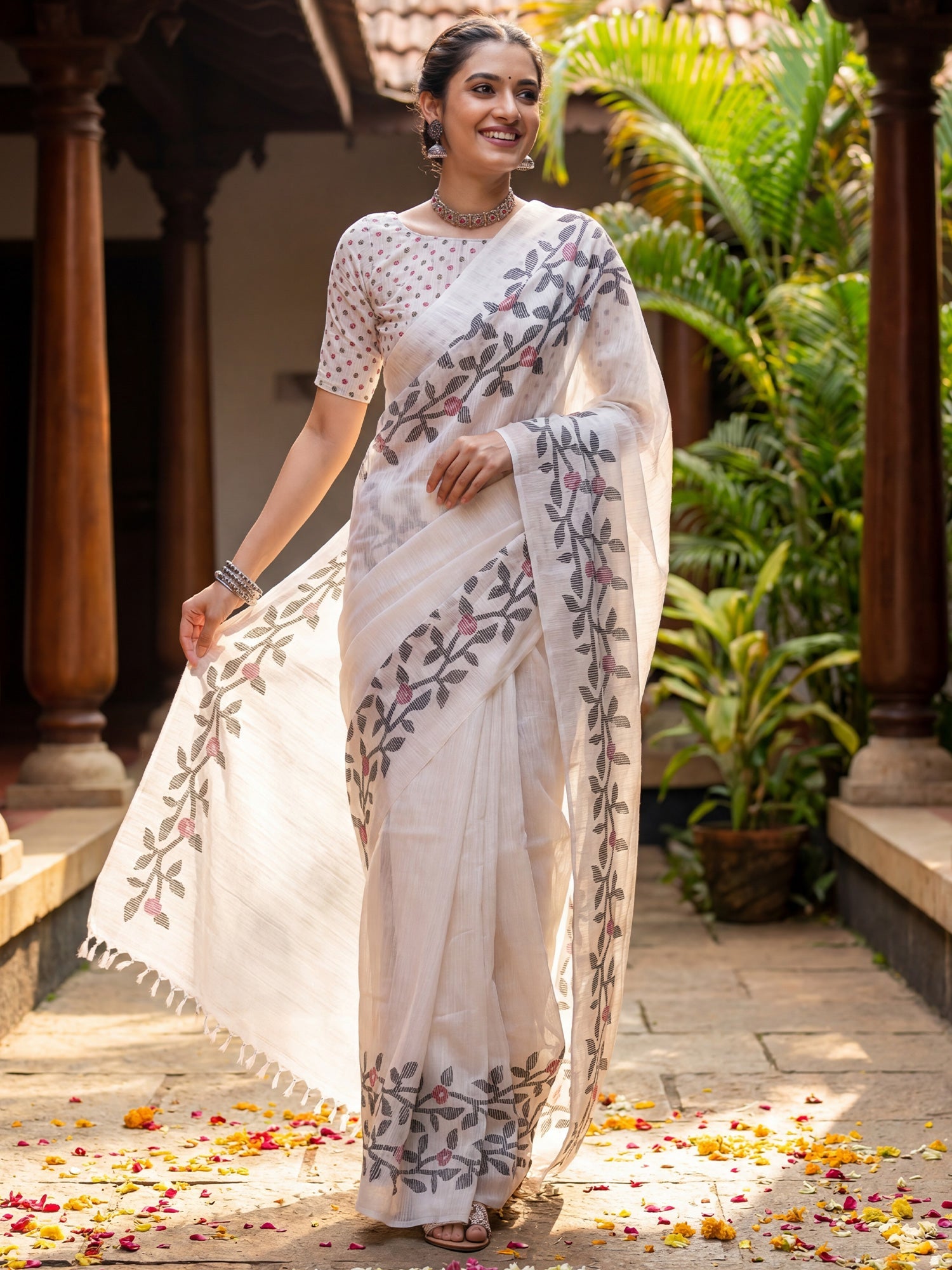 Ivory Jamdani Linen Cotton Saree with Woven Olive & Pink Botanical Vine, Large Vine Pallu, Tassel Fringe & Buti Blouse - Ressa