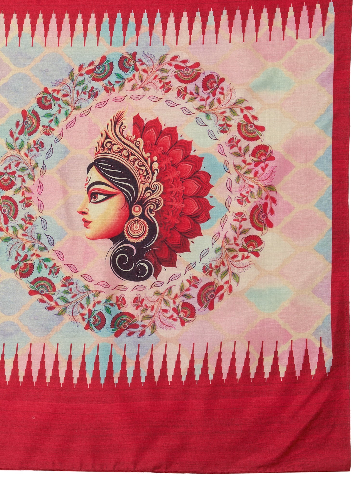 Ivory Murshidabad Silk Saree with Ombre Pastel Ground, Ikat Spike Lal Paar Border, Kalighat Durga Face Floral Wreath Pallu & Red Puff Blouse - Ressa