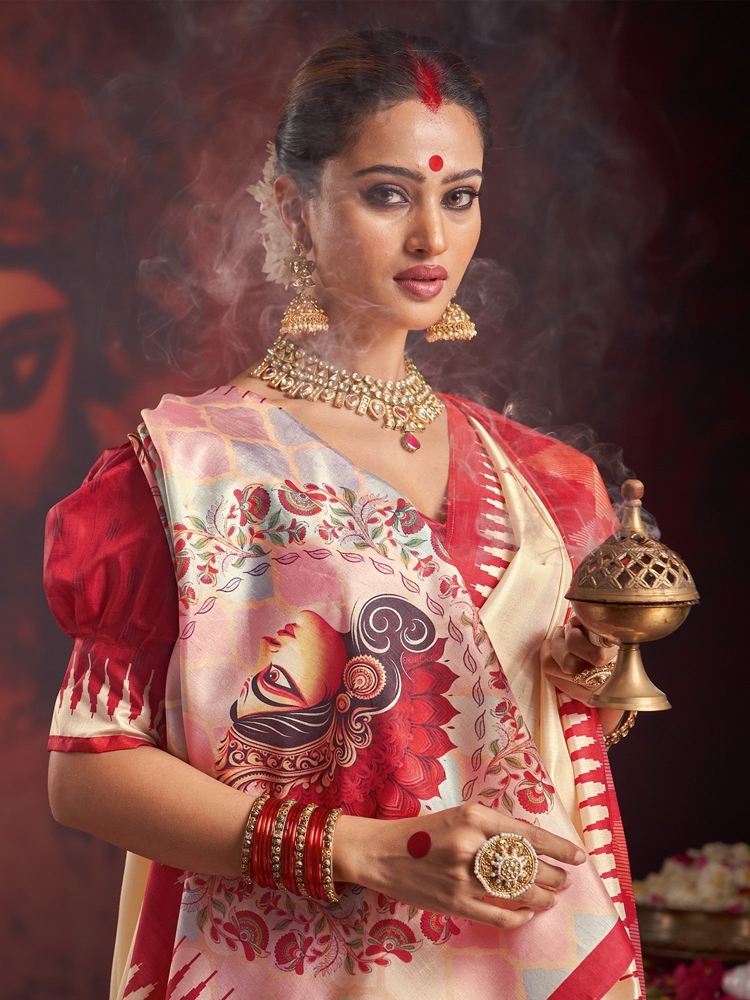 Ivory Murshidabad Silk Saree with Ombre Pastel Ground, Ikat Spike Lal Paar Border, Kalighat Durga Face Floral Wreath Pallu & Red Puff Blouse - Ressa