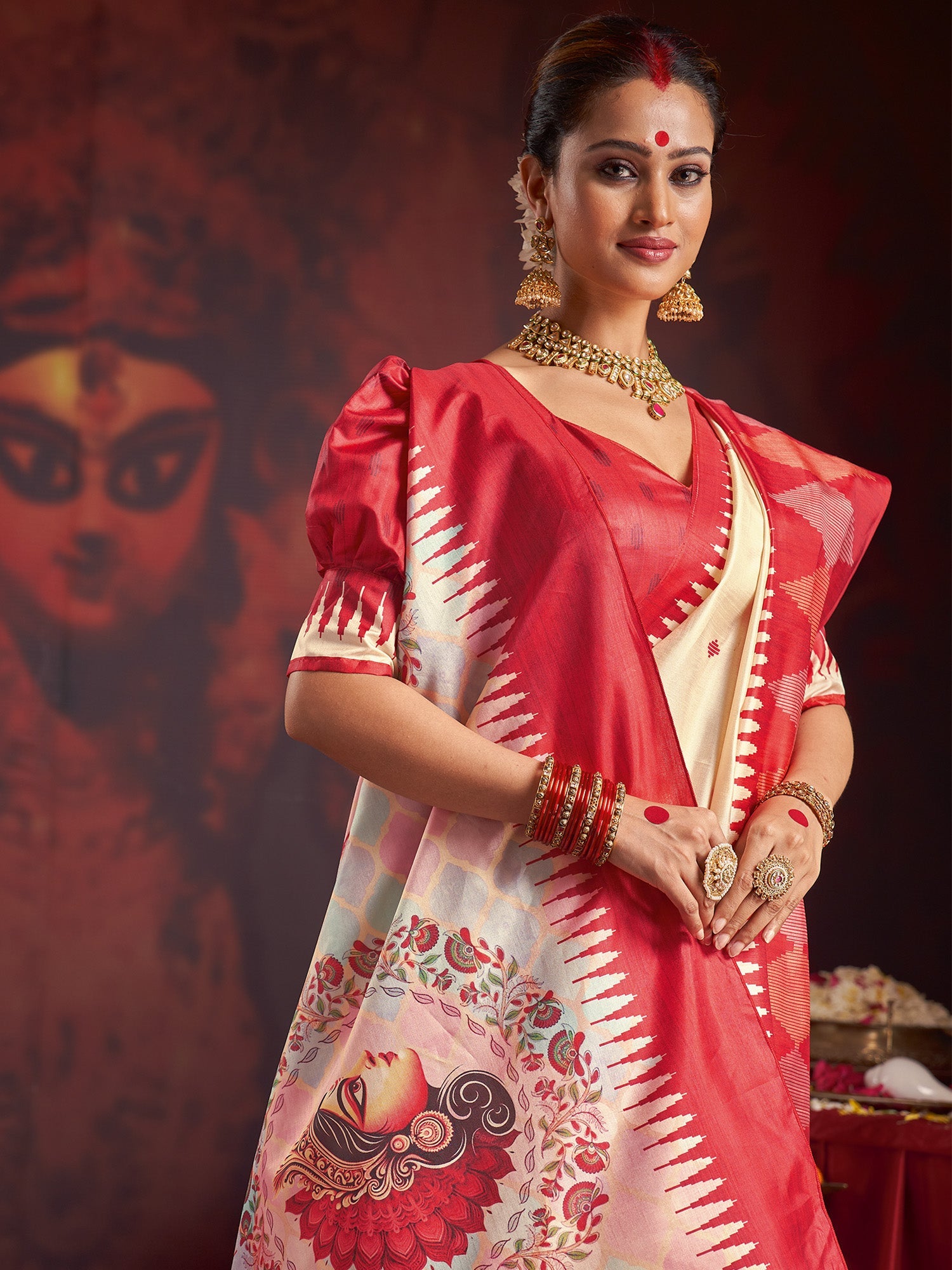 Ivory Murshidabad Silk Saree with Ombre Pastel Ground, Ikat Spike Lal Paar Border, Kalighat Durga Face Floral Wreath Pallu & Red Puff Blouse - Ressa