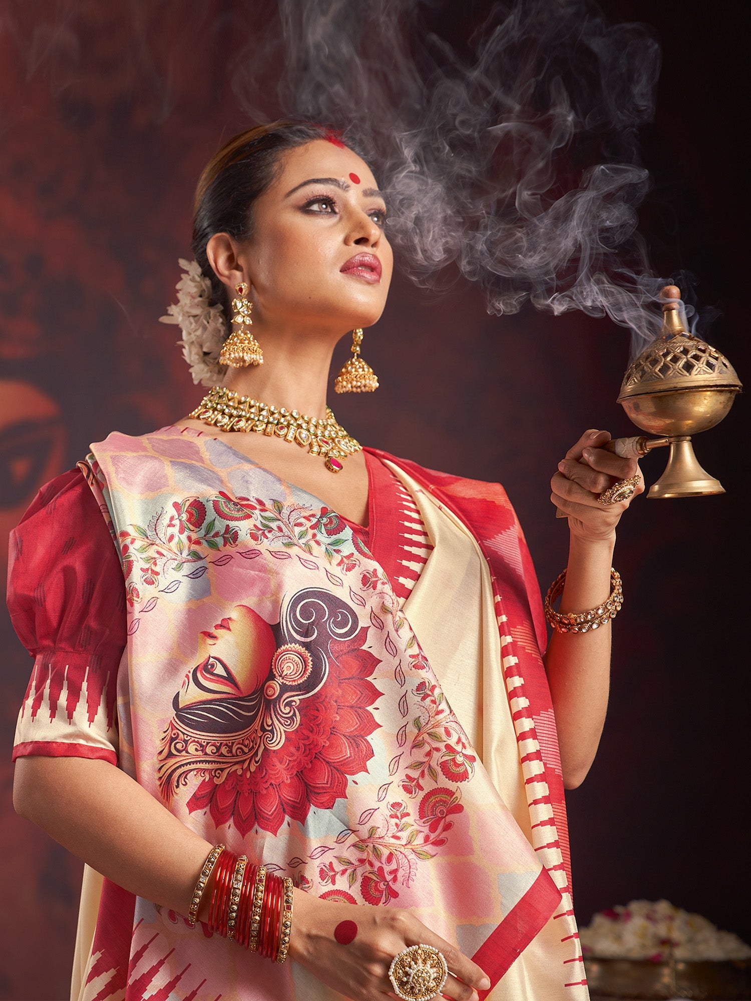 Ivory Murshidabad Silk Saree with Ombre Pastel Ground, Ikat Spike Lal Paar Border, Kalighat Durga Face Floral Wreath Pallu & Red Puff Blouse - Ressa