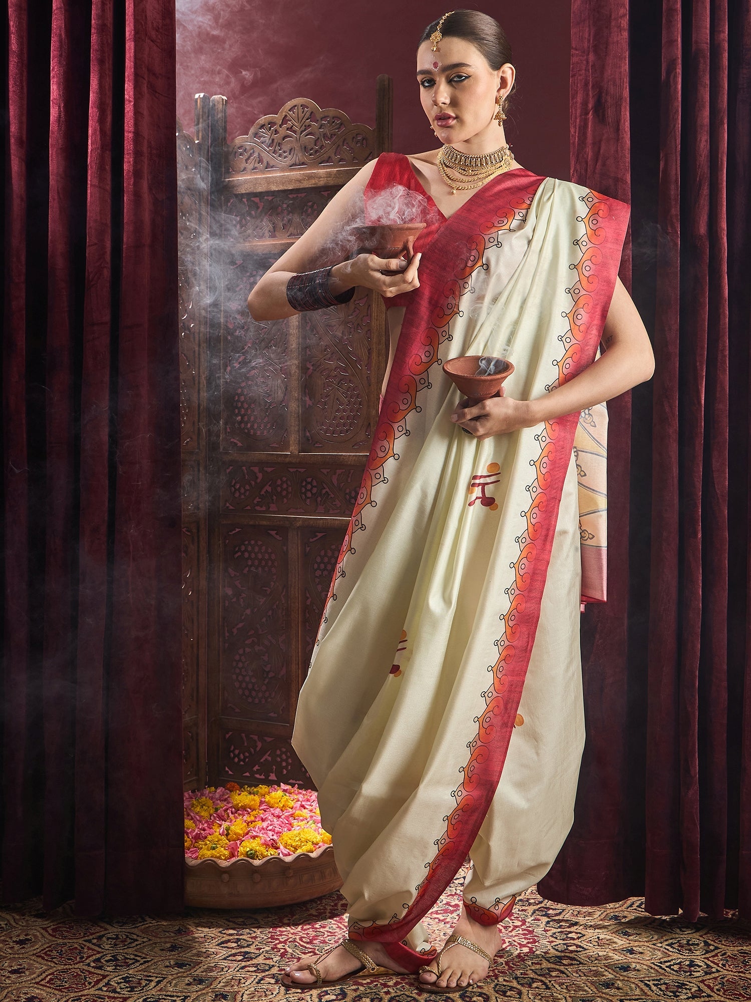 Ivory Murshidabad Silk Saree with Pattachitra Sacred Motifs, Red Vine Border, Ombre Gradient Durga Mahishasuramardini Pallu & Red Blouse - Ressa
