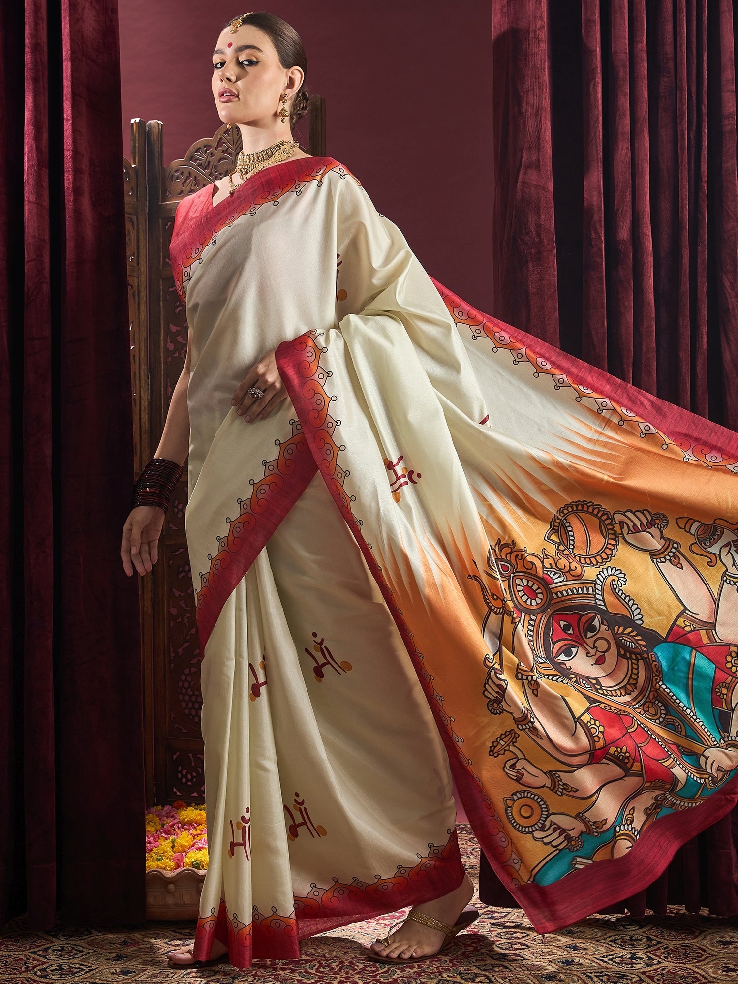 Ivory Murshidabad Silk Saree with Pattachitra Sacred Motifs, Red Vine Border, Ombre Gradient Durga Mahishasuramardini Pallu & Red Blouse - Ressa