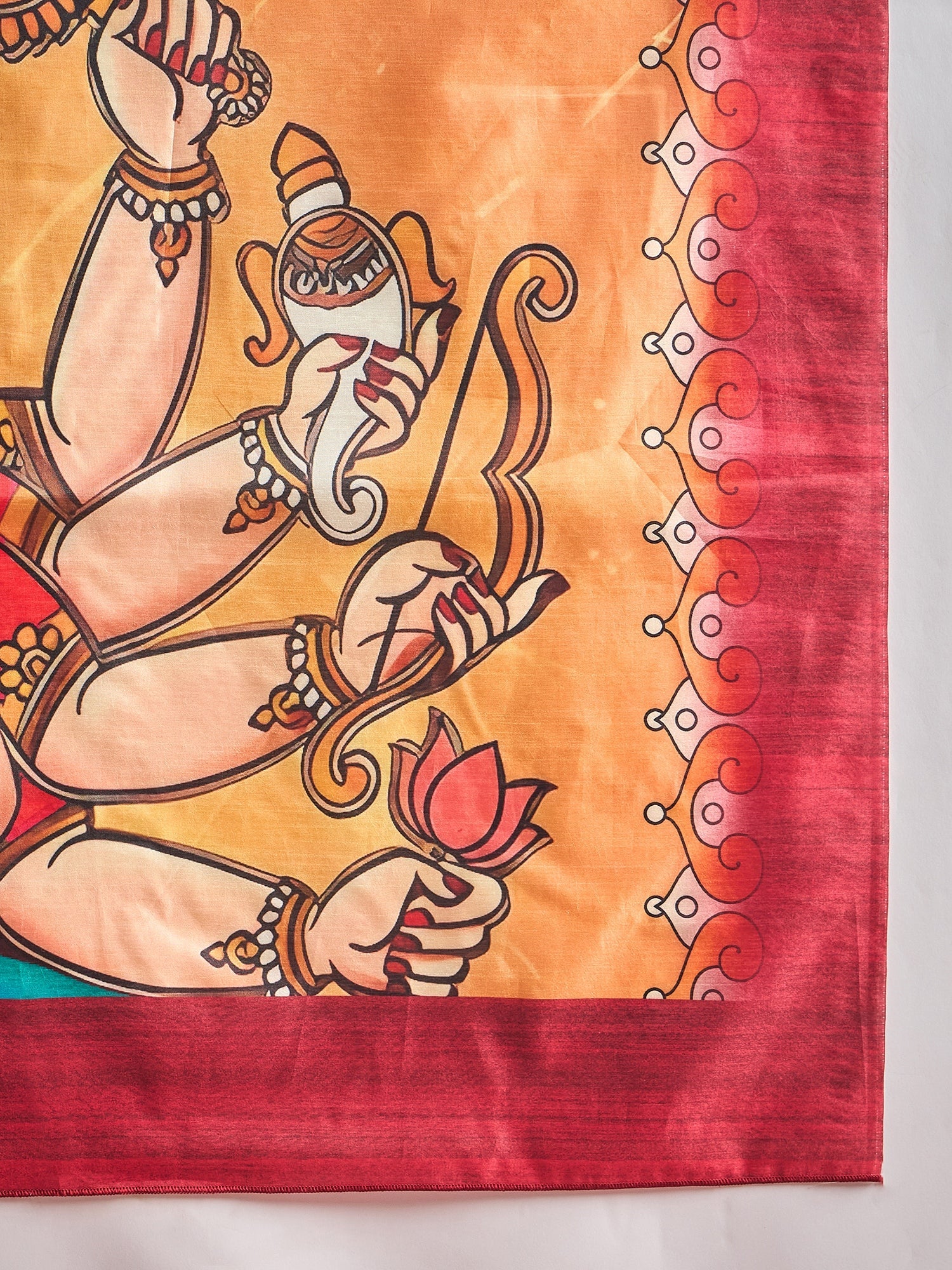 Ivory Murshidabad Silk Saree with Pattachitra Sacred Motifs, Red Vine Border, Ombre Gradient Durga Mahishasuramardini Pallu & Red Blouse - Ressa