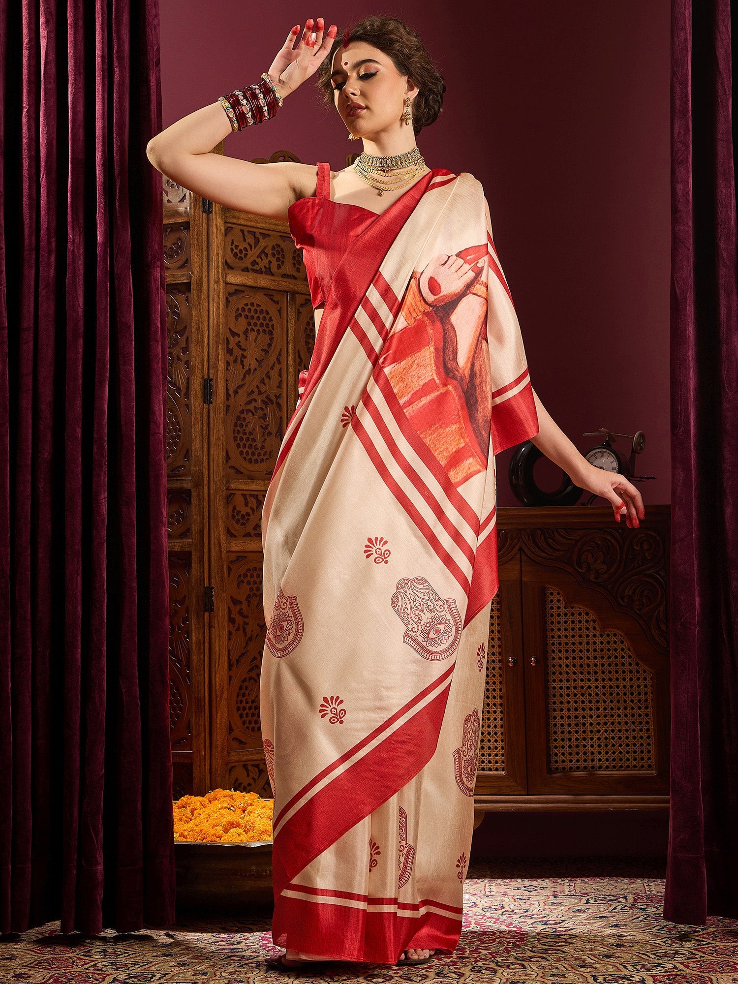 Ivory Murshidabad Silk Saree with Red Durga Devi Medallion Motifs, Lal Paar Border, Digital Durga Pallu & Red Blouse - Ressa