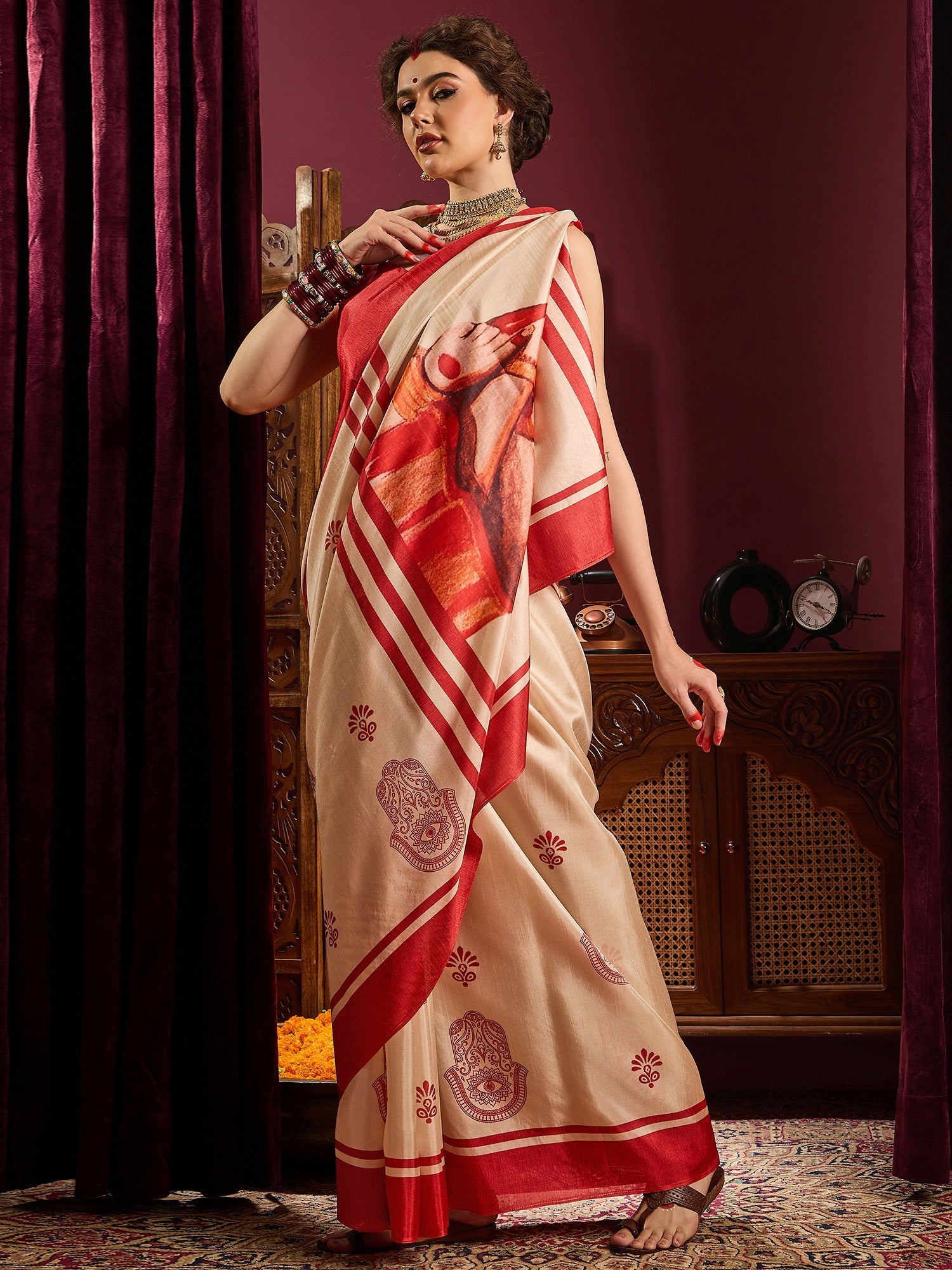 Ivory Murshidabad Silk Saree with Red Durga Devi Medallion Motifs, Lal Paar Border, Digital Durga Pallu & Red Blouse - Ressa