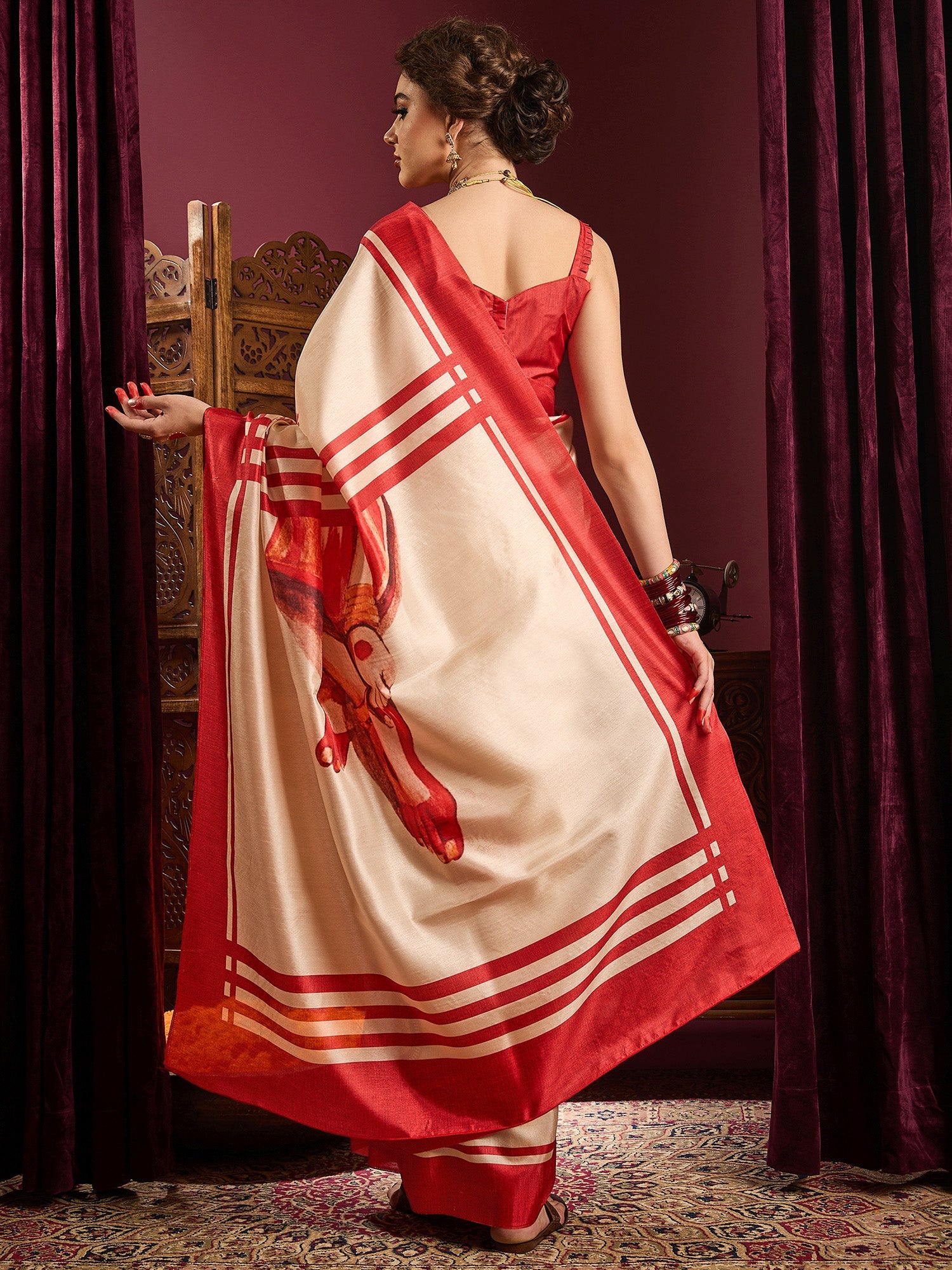 Ivory Murshidabad Silk Saree with Red Durga Devi Medallion Motifs, Lal Paar Border, Digital Durga Pallu & Red Blouse - Ressa