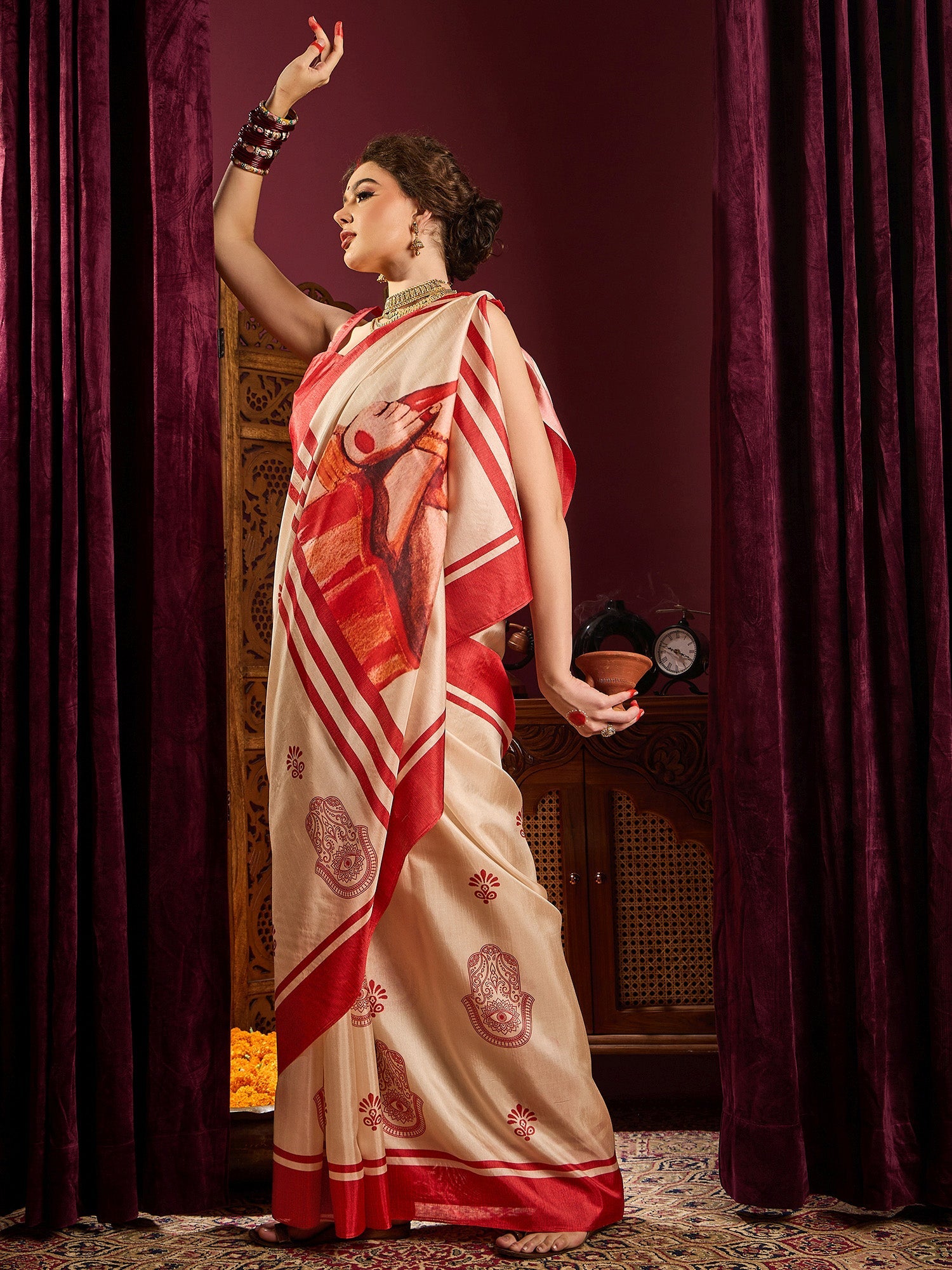 Ivory Murshidabad Silk Saree with Red Durga Devi Medallion Motifs, Lal Paar Border, Digital Durga Pallu & Red Blouse - Ressa