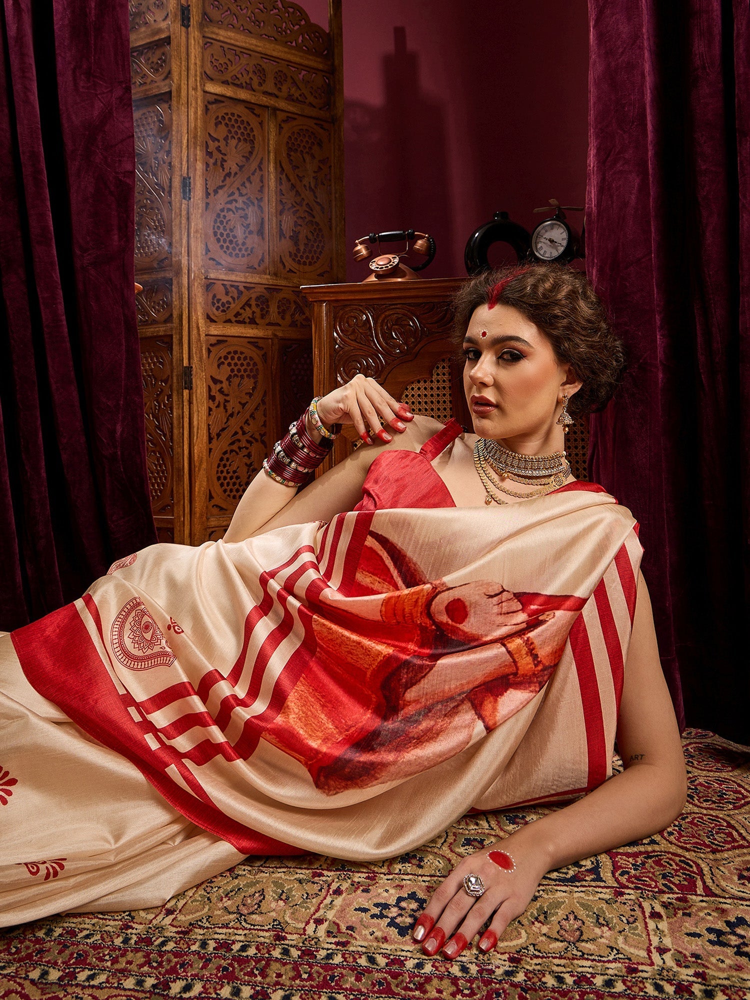 Ivory Murshidabad Silk Saree with Red Durga Devi Medallion Motifs, Lal Paar Border, Digital Durga Pallu & Red Blouse - Ressa