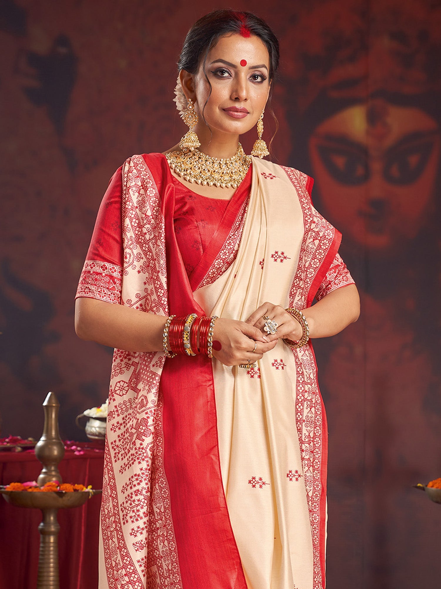 Ivory Murshidabad Silk Saree with Red Floral Sprig Butis, Assamese Peacock & Deer Woven Lal Paar Border & Pallu & Red Blouse - Ressa