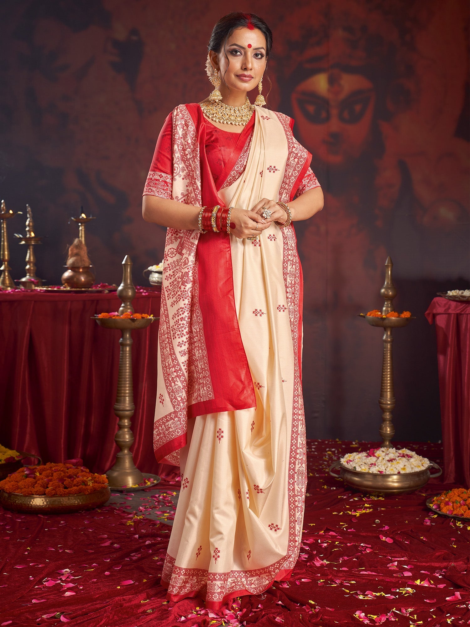 Ivory Murshidabad Silk Saree with Red Floral Sprig Butis, Assamese Peacock & Deer Woven Lal Paar Border & Pallu & Red Blouse - Ressa