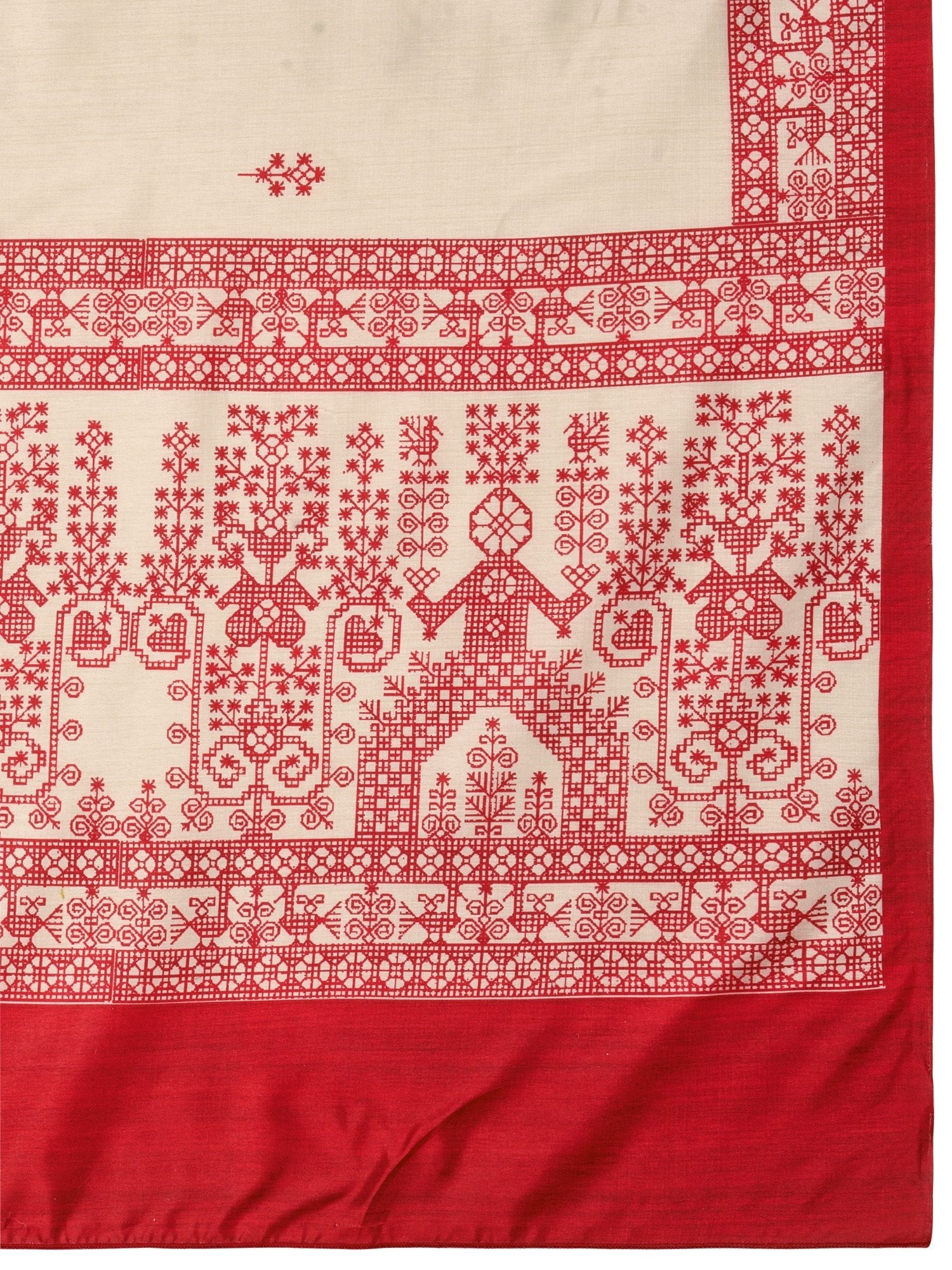 Ivory Murshidabad Silk Saree with Red Floral Sprig Butis, Assamese Peacock & Deer Woven Lal Paar Border & Pallu & Red Blouse - Ressa