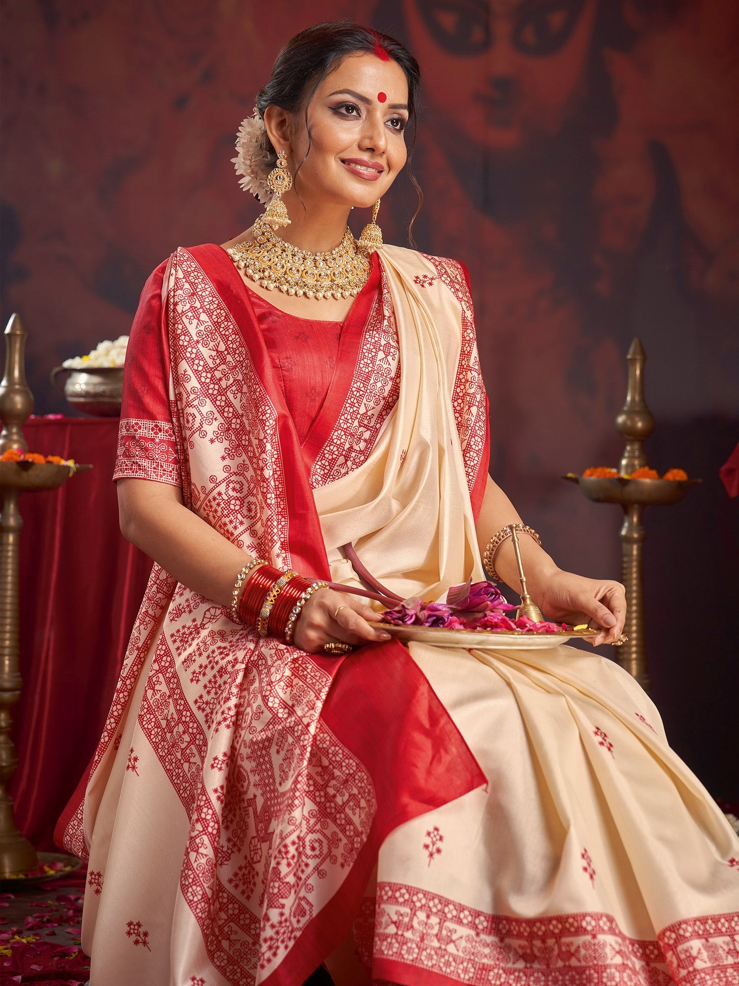 Ivory Murshidabad Silk Saree with Red Floral Sprig Butis, Assamese Peacock & Deer Woven Lal Paar Border & Pallu & Red Blouse - Ressa