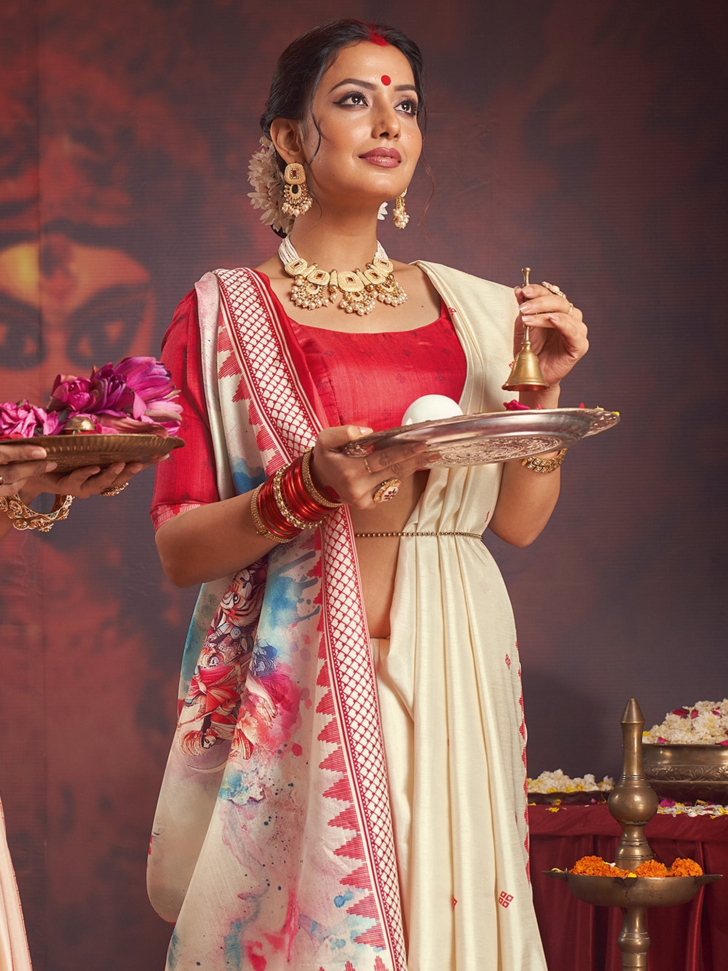 Ivory Murshidabad Silk Saree with Red Geometric Butis, Ikat Spike Lal Paar Border, Watercolour Durga Parivar Pallu & Red Blouse - Ressa