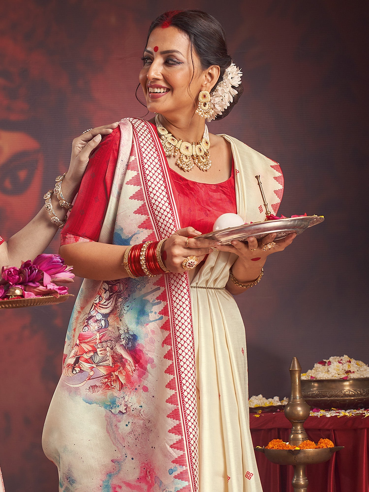 Ivory Murshidabad Silk Saree with Red Geometric Butis, Ikat Spike Lal Paar Border, Watercolour Durga Parivar Pallu & Red Blouse - Ressa