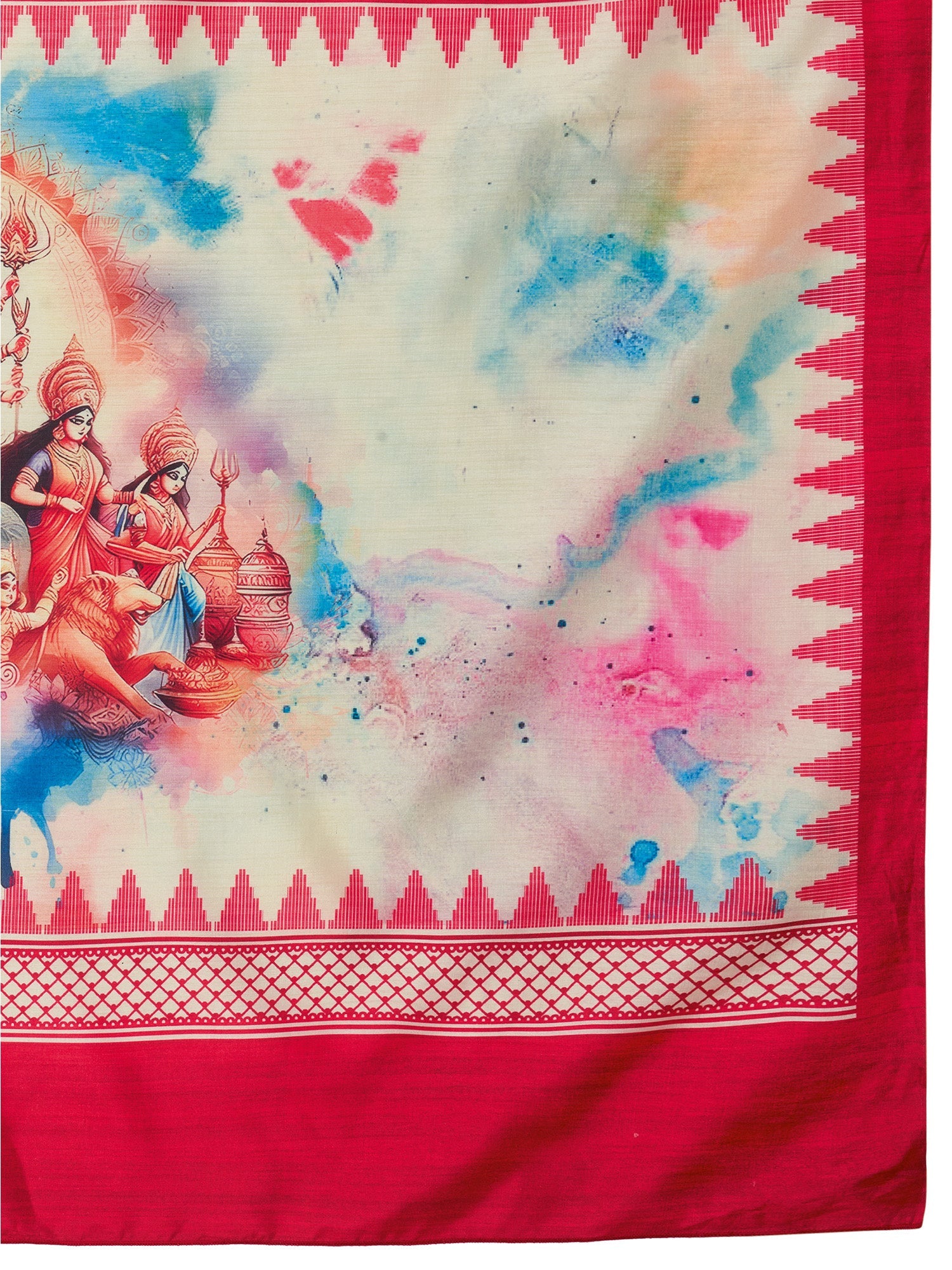 Ivory Murshidabad Silk Saree with Red Geometric Butis, Ikat Spike Lal Paar Border, Watercolour Durga Parivar Pallu & Red Blouse - Ressa