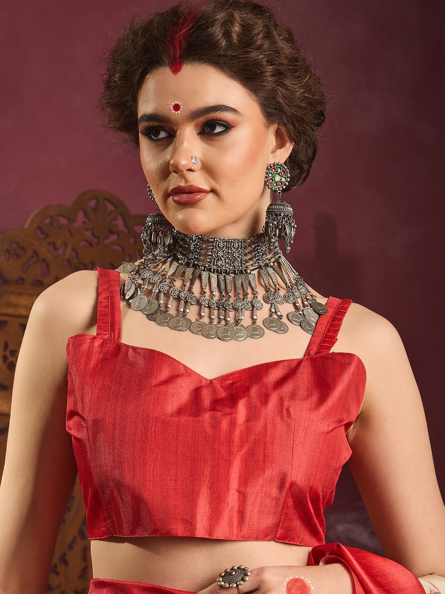 Ivory Murshidabad Silk Saree with Red Lal Paar Border, Pattachitra Durga & Lion Digital Pallu & Red Sweetheart Crop Blouse - Ressa