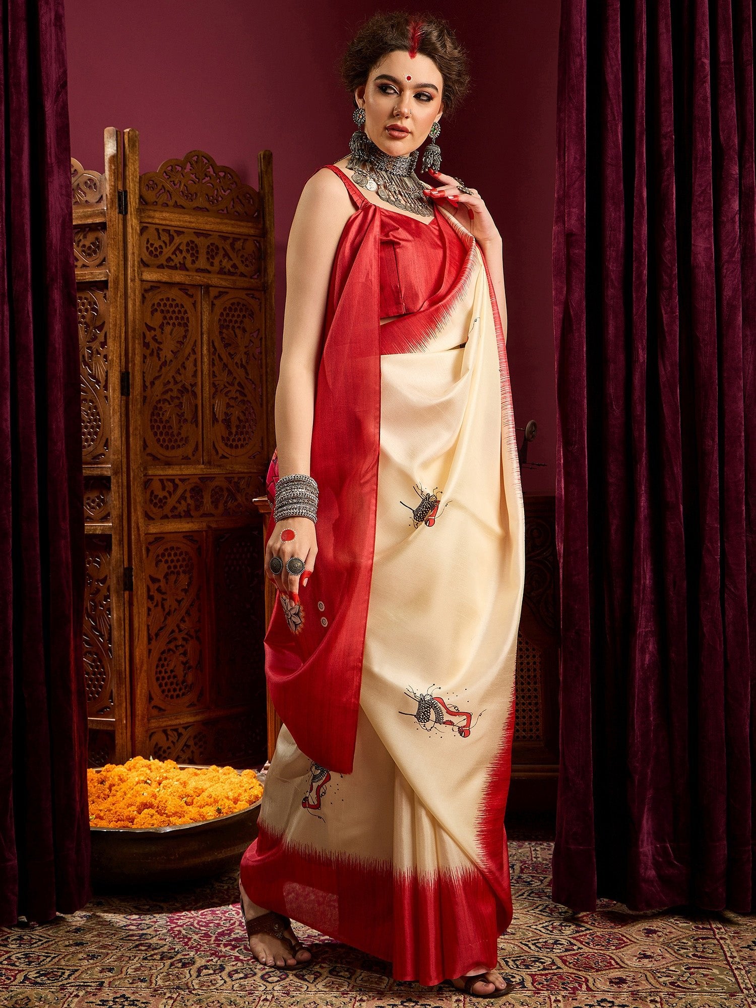 Ivory Murshidabad Silk Saree with Red Lal Paar Border, Pattachitra Durga & Lion Digital Pallu & Red Sweetheart Crop Blouse - Ressa