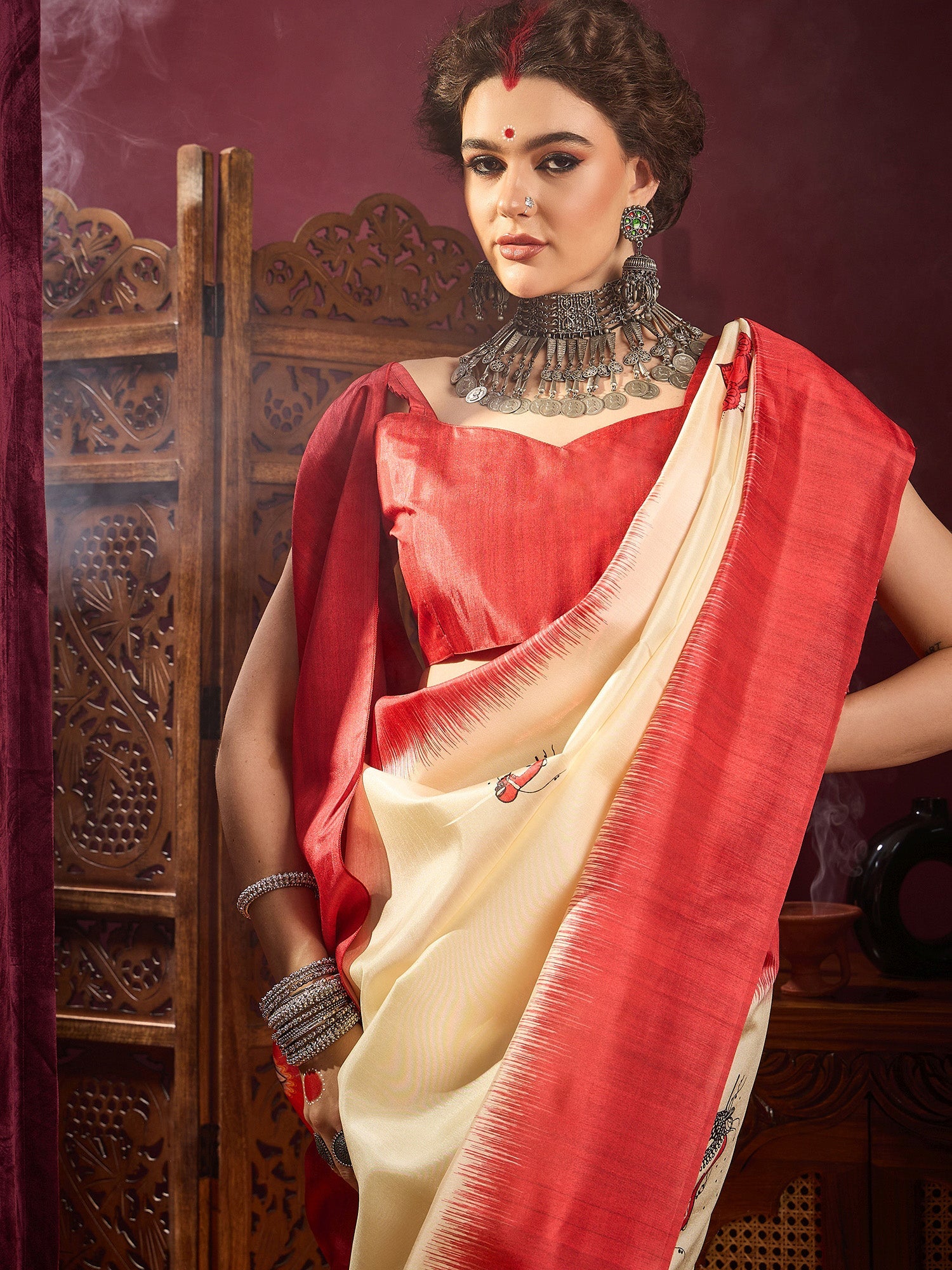 Ivory Murshidabad Silk Saree with Red Lal Paar Border, Pattachitra Durga & Lion Digital Pallu & Red Sweetheart Crop Blouse - Ressa