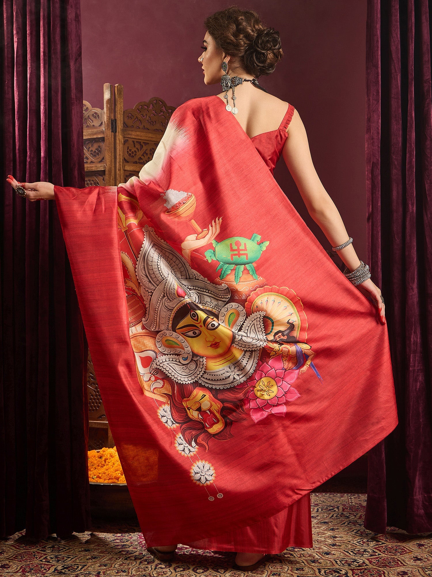 Ivory Murshidabad Silk Saree with Red Lal Paar Border, Pattachitra Durga & Lion Digital Pallu & Red Sweetheart Crop Blouse - Ressa