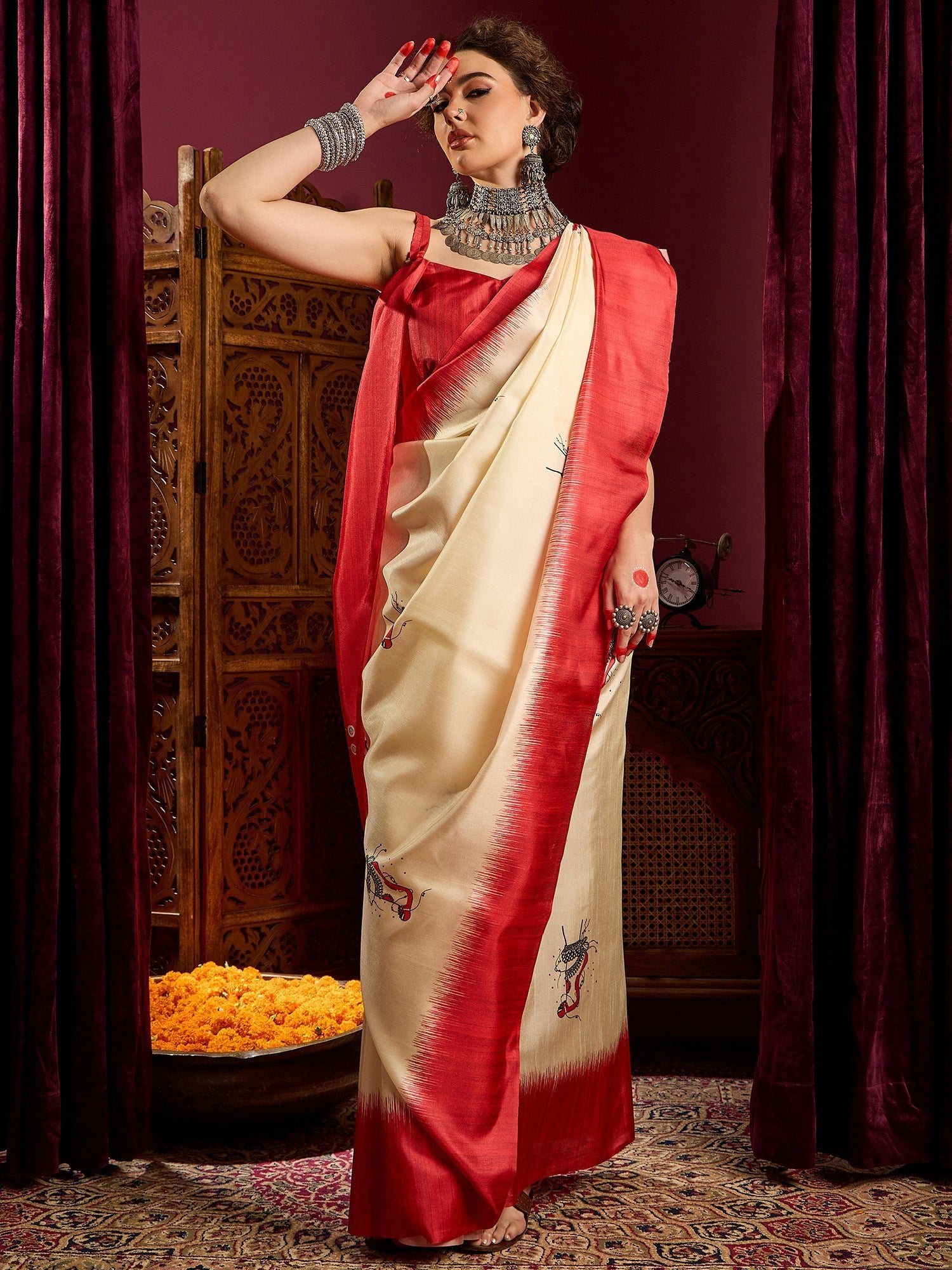 Ivory Murshidabad Silk Saree with Red Lal Paar Border, Pattachitra Durga & Lion Digital Pallu & Red Sweetheart Crop Blouse - Ressa