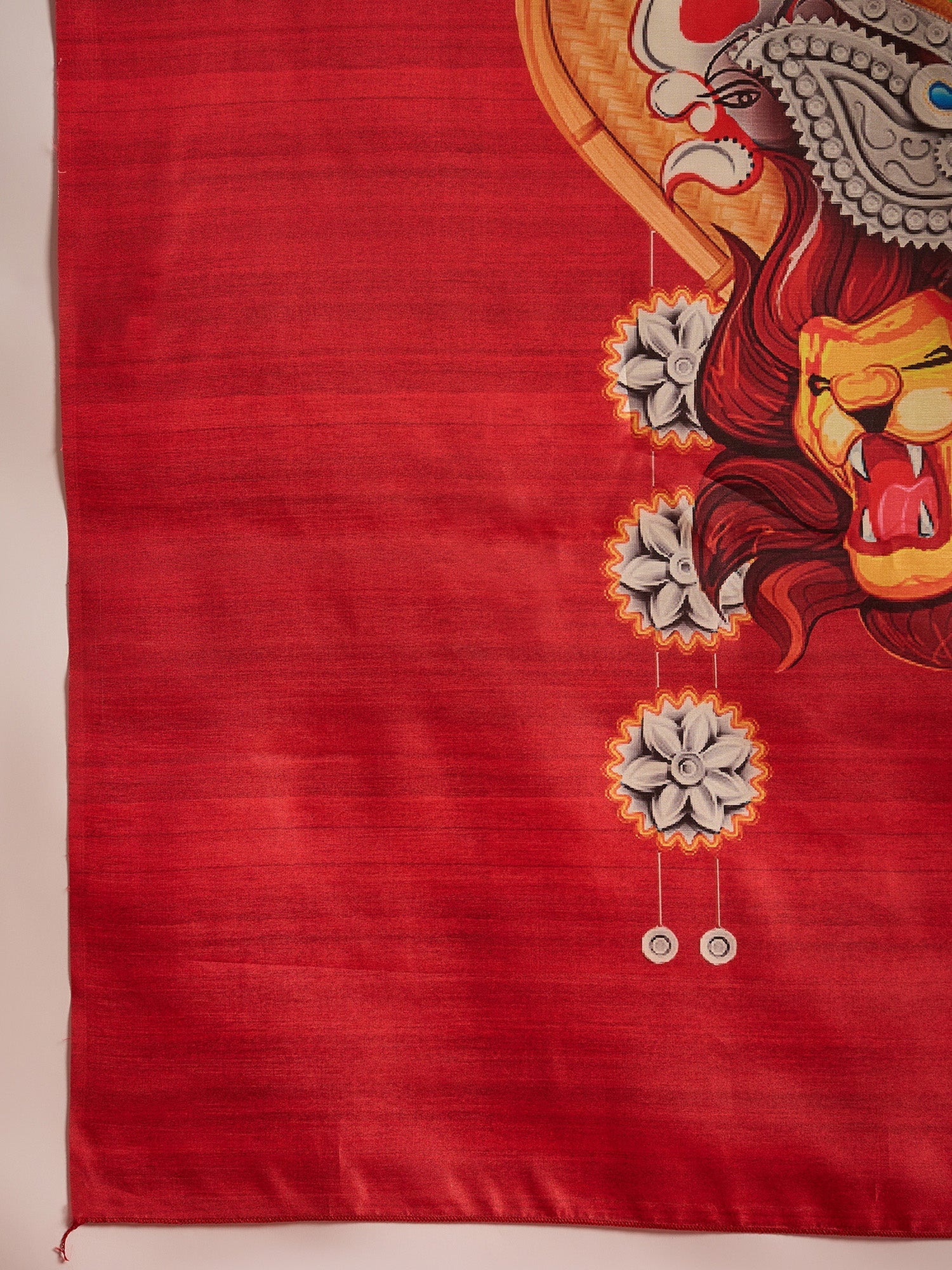 Ivory Murshidabad Silk Saree with Red Lal Paar Border, Pattachitra Durga & Lion Digital Pallu & Red Sweetheart Crop Blouse - Ressa