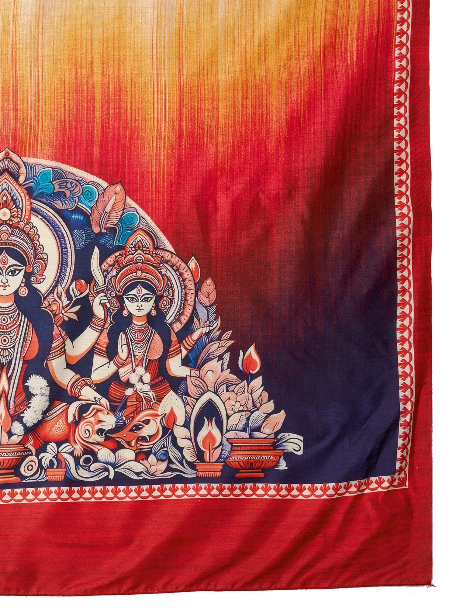Ivory Murshidabad Silk Saree with Red Lotus Butis, Lal Paar Border, Navy Kalamkari Durga Parivar Ombre Pallu & Red Puff Blouse - Ressa