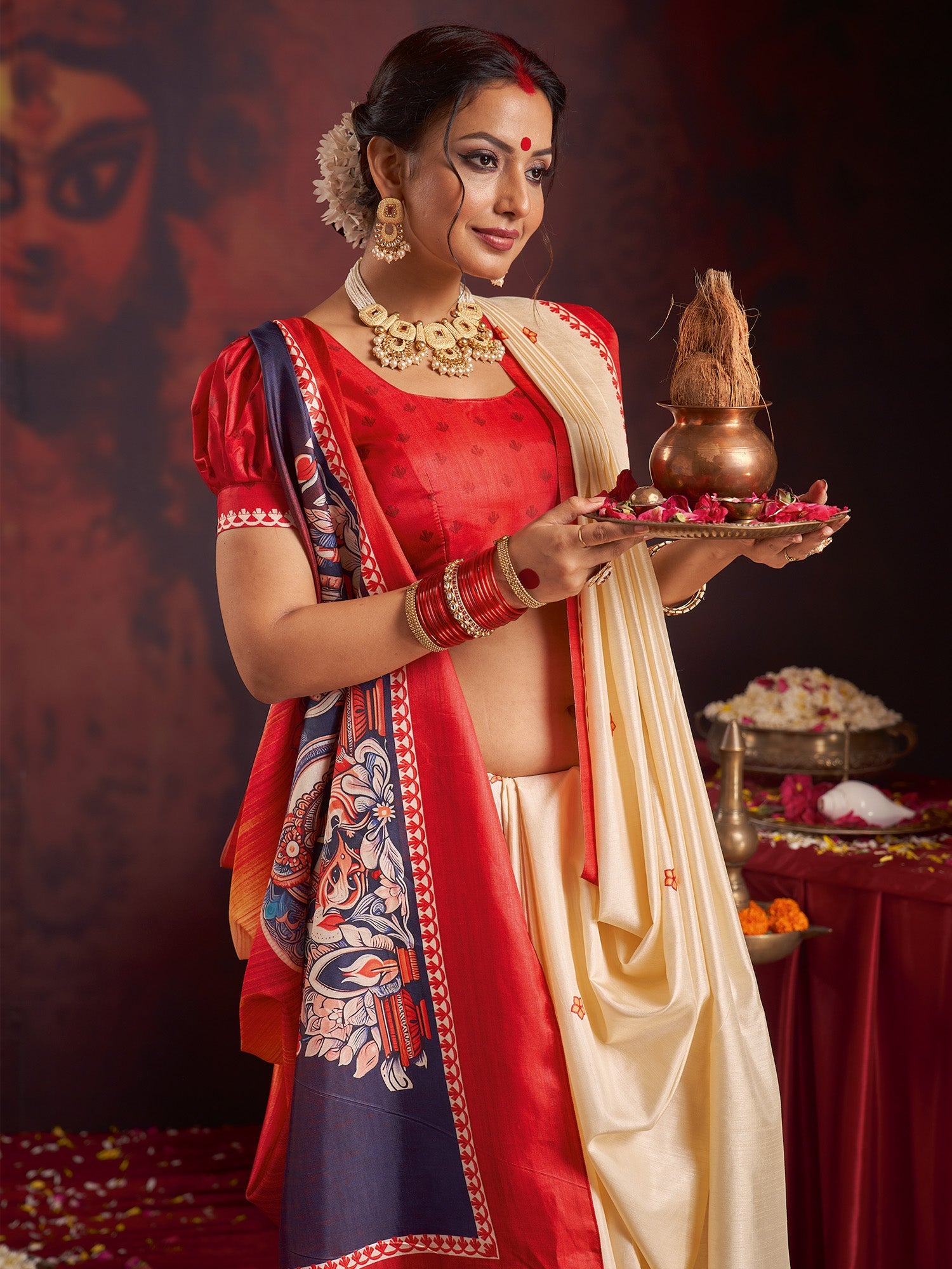 Ivory Murshidabad Silk Saree with Red Lotus Butis, Lal Paar Border, Navy Kalamkari Durga Parivar Ombre Pallu & Red Puff Blouse - Ressa