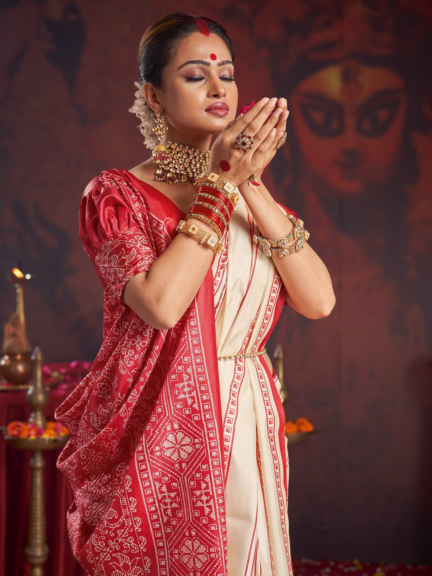 Ivory Murshidabad Silk Saree with Red Stripe Check Body, Dense Sambalpuri Cross-Stitch Woven Lal Paar Border & Pallu & Red Blouse - Ressa