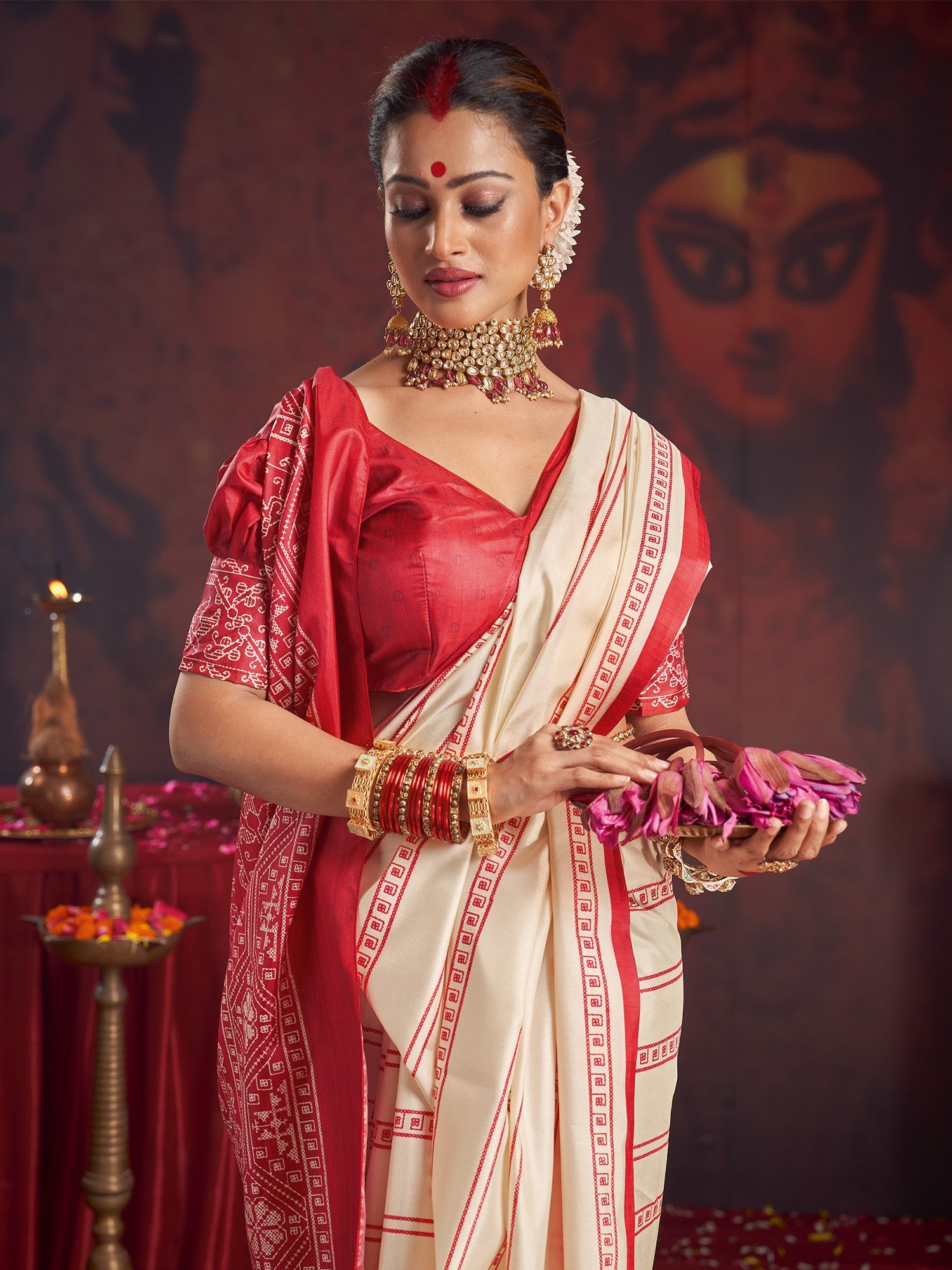 Ivory Murshidabad Silk Saree with Red Stripe Check Body, Dense Sambalpuri Cross-Stitch Woven Lal Paar Border & Pallu & Red Blouse - Ressa