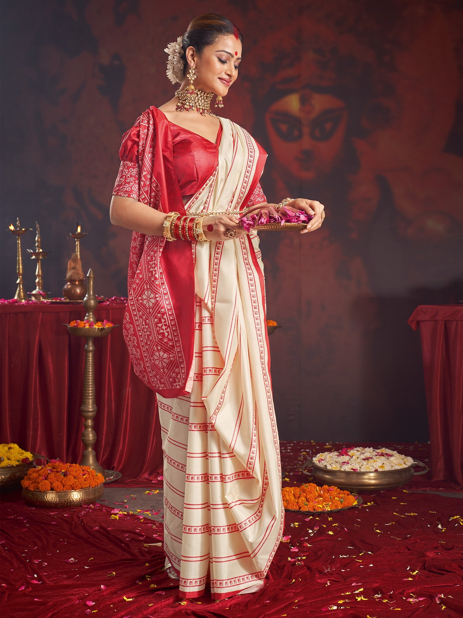 Ivory Murshidabad Silk Saree with Red Stripe Check Body, Dense Sambalpuri Cross-Stitch Woven Lal Paar Border & Pallu & Red Blouse - Ressa