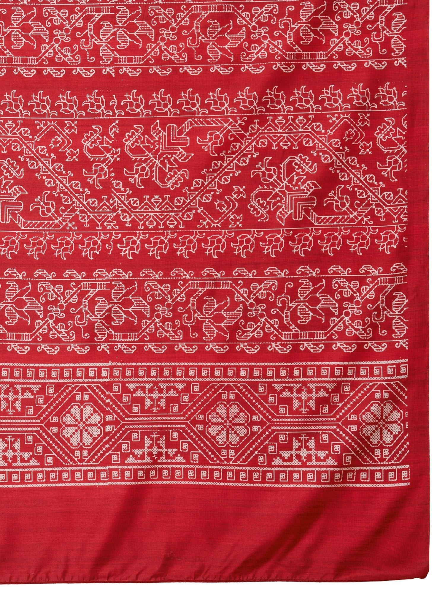 Ivory Murshidabad Silk Saree with Red Stripe Check Body, Dense Sambalpuri Cross-Stitch Woven Lal Paar Border & Pallu & Red Blouse - Ressa