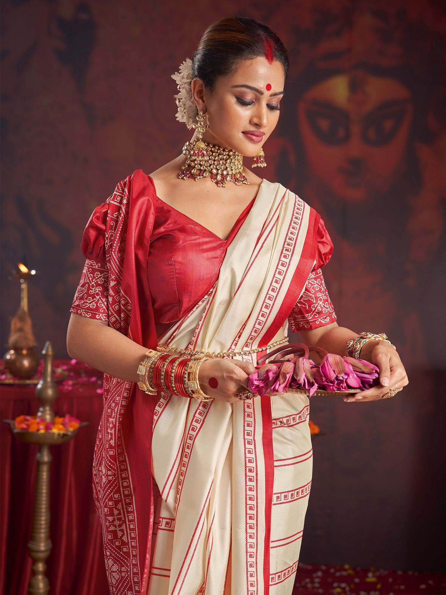 Ivory Murshidabad Silk Saree with Red Stripe Check Body, Dense Sambalpuri Cross-Stitch Woven Lal Paar Border & Pallu & Red Blouse - Ressa