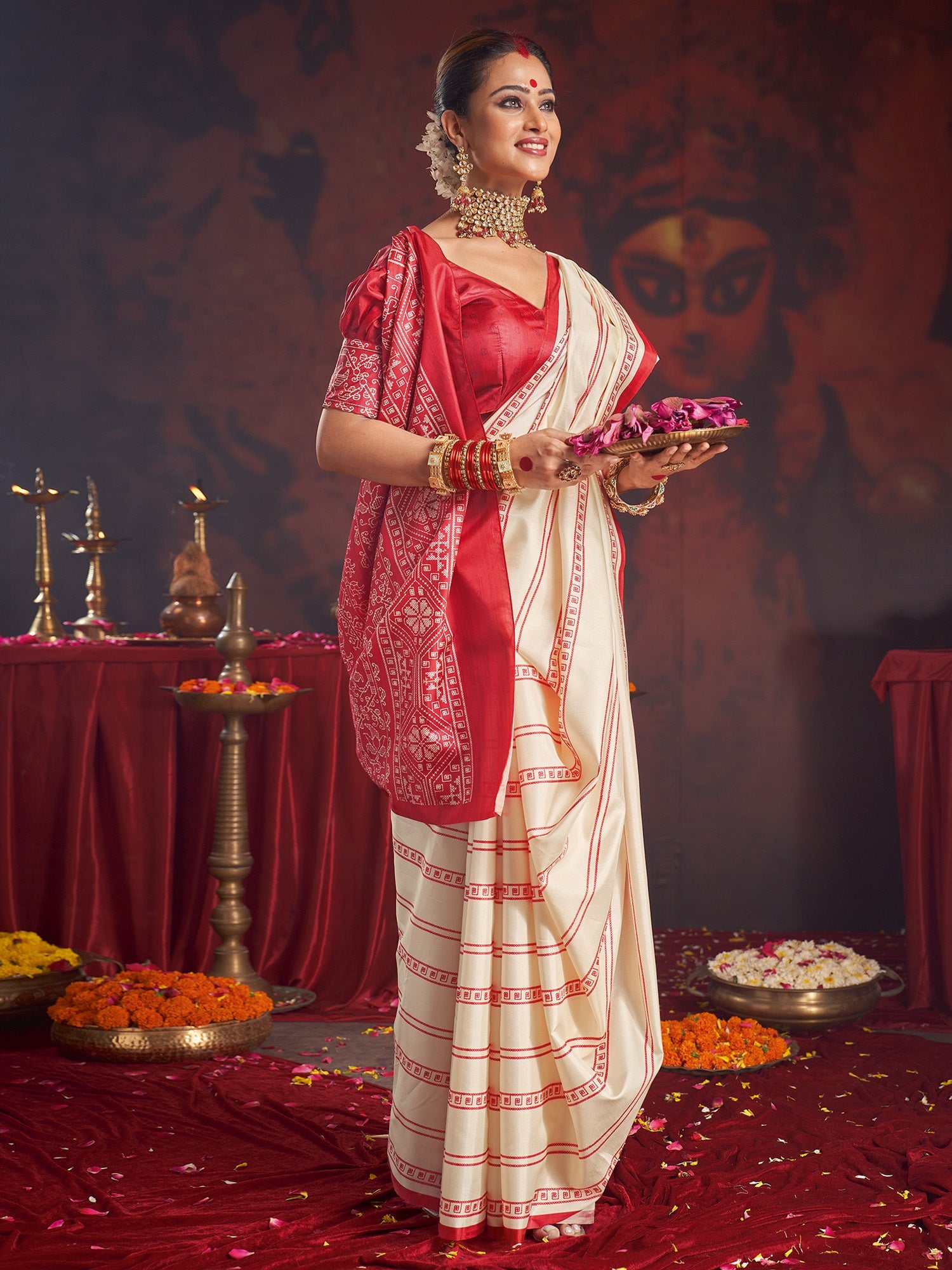 Ivory Murshidabad Silk Saree with Red Stripe Check Body, Dense Sambalpuri Cross-Stitch Woven Lal Paar Border & Pallu & Red Blouse - Ressa