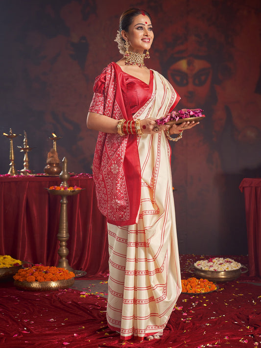 Ivory Murshidabad Silk Saree with Red Stripe Check Body, Dense Sambalpuri Cross-Stitch Woven Lal Paar Border & Pallu & Red Blouse - Ressa
