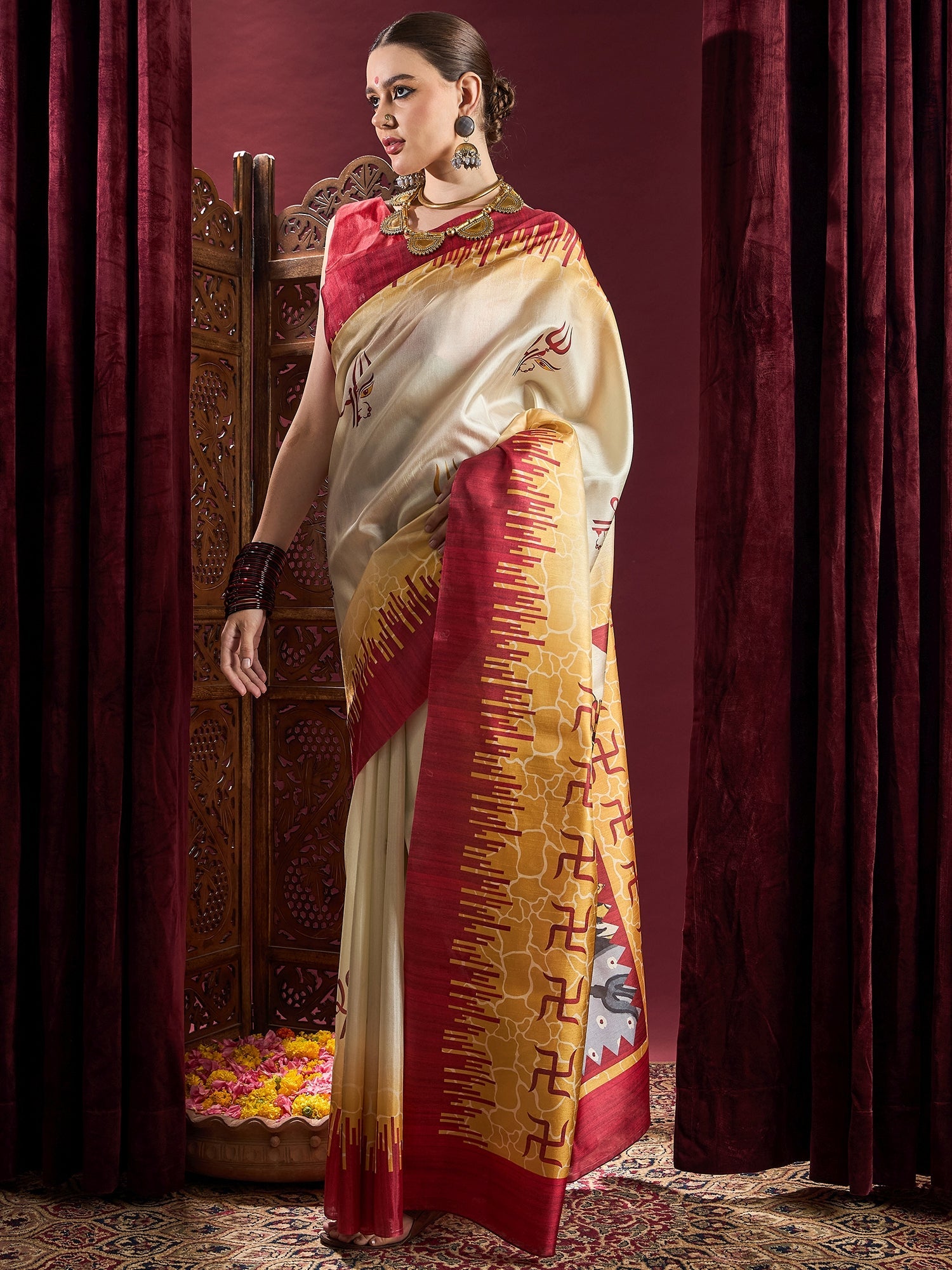 Ivory Murshidabad Silk Saree with Red Trishul Motifs, Feathered Flame Border, Golden Pattachitra Durga Pallu & Red Blouse - Ressa