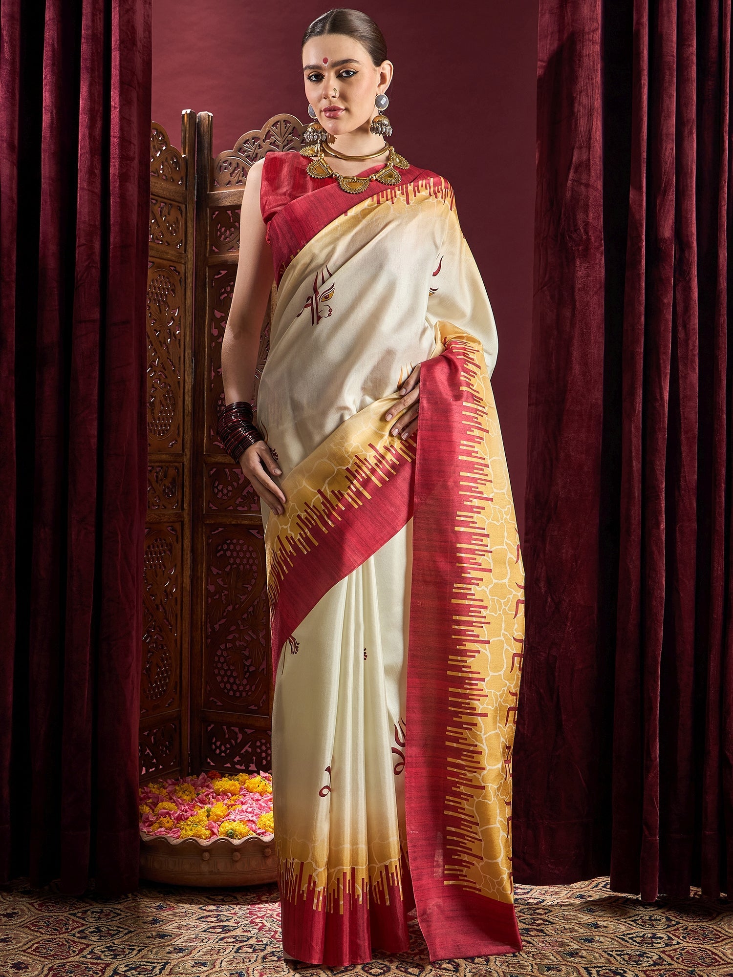 Ivory Murshidabad Silk Saree with Red Trishul Motifs, Feathered Flame Border, Golden Pattachitra Durga Pallu & Red Blouse - Ressa