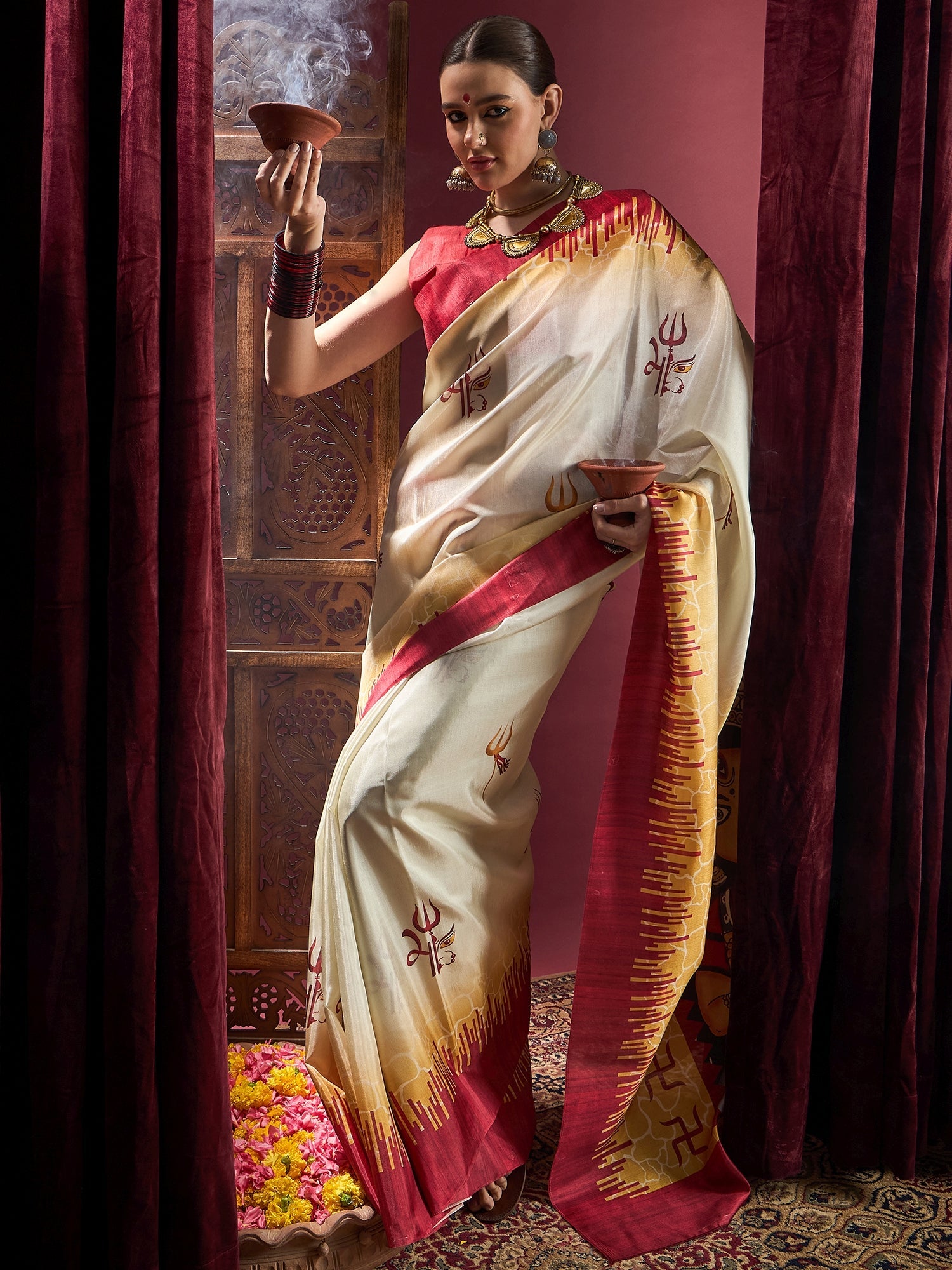 Ivory Murshidabad Silk Saree with Red Trishul Motifs, Feathered Flame Border, Golden Pattachitra Durga Pallu & Red Blouse - Ressa