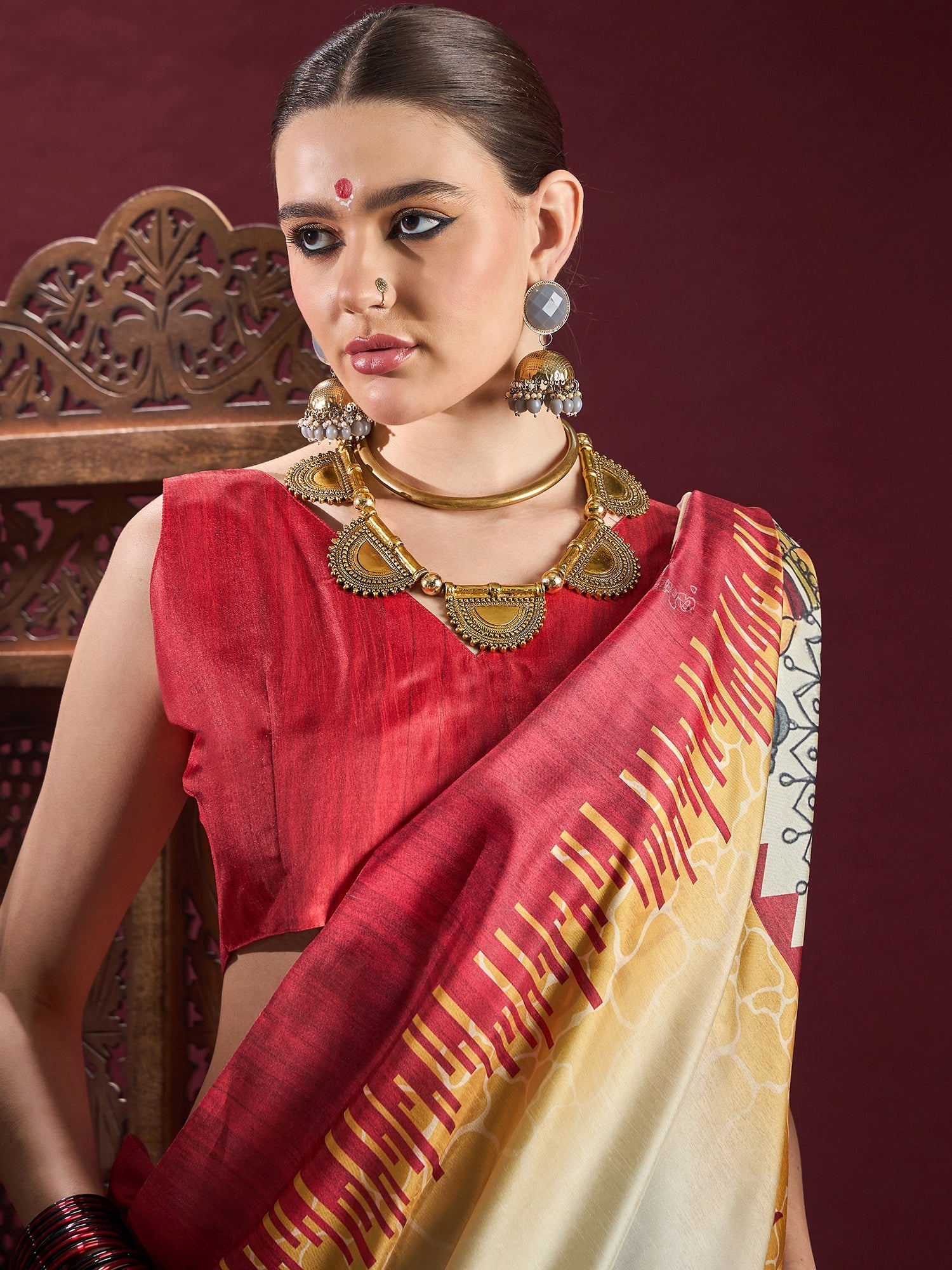 Ivory Murshidabad Silk Saree with Red Trishul Motifs, Feathered Flame Border, Golden Pattachitra Durga Pallu & Red Blouse - Ressa